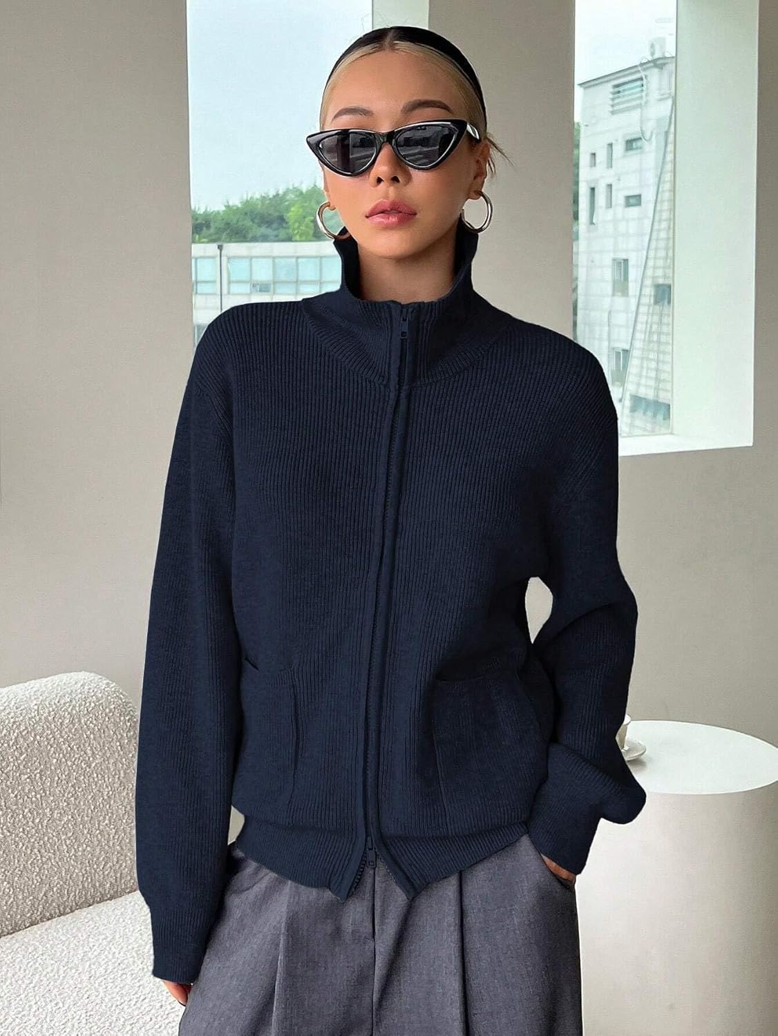 Women's Trench Coat Drop Shoulder Zip-Up Long Sleeve Casual Blouse Classic Overcoat