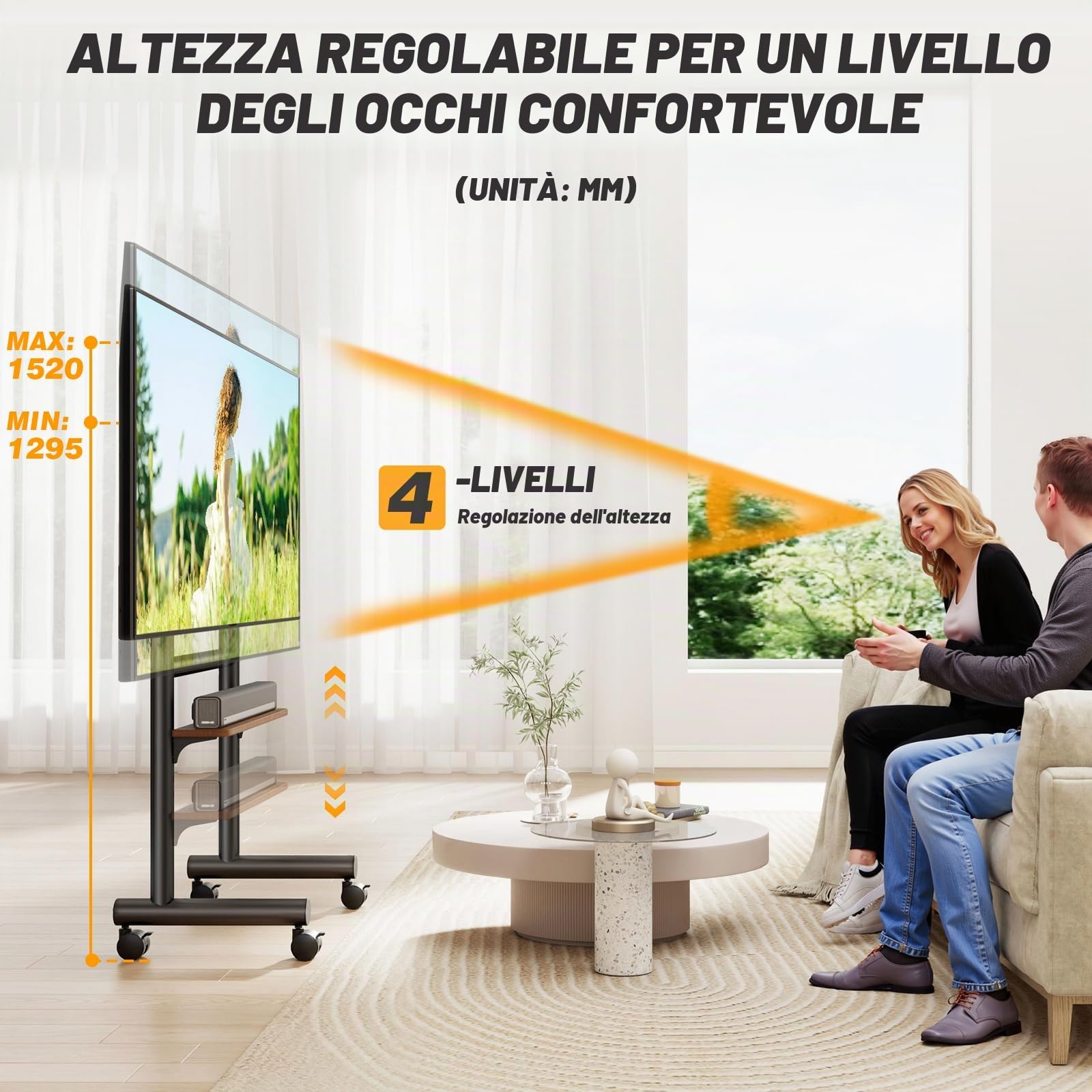 5Rcom Supporto TV Mobile con Ruote per Televisori 40-85 Pollici, Carrello TV Resistente con Ripiano & Portata 60kg – Design Regolabile, Mobilità Facile & Salvaspazio, Telaio Nero