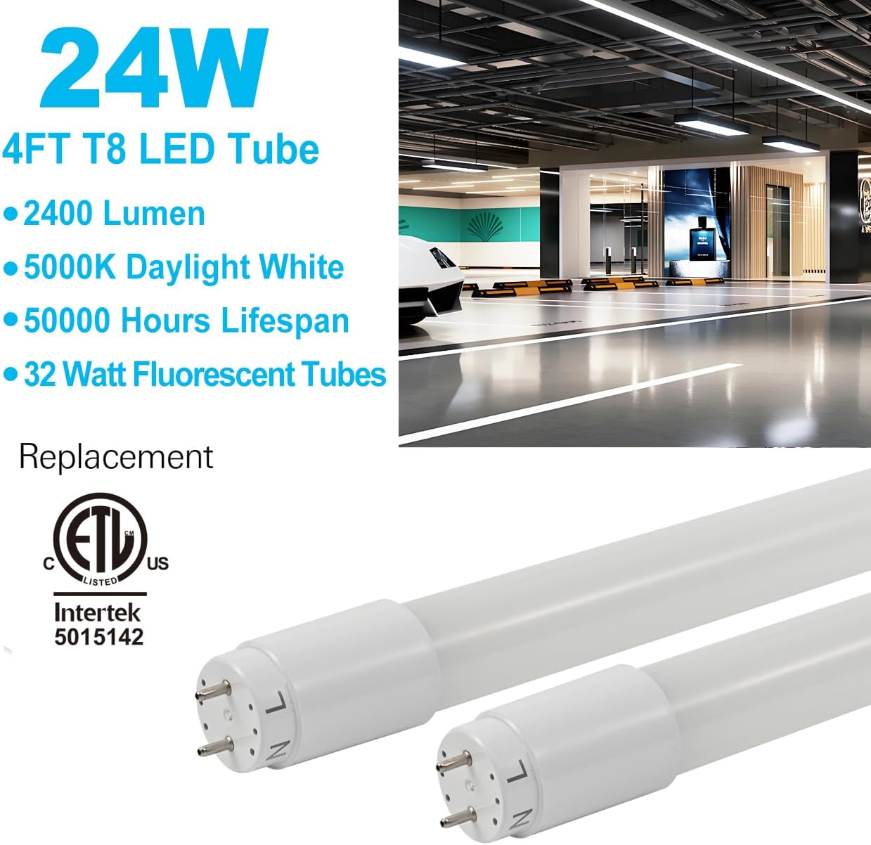 20 Pack 4FT LED T8 Type A+B Tube Lights, 24W, 5000K, Single or Double End Powered, Plug and Play or Ballast Bypass, 4 Foot T10 T12 Fluorescent Bulbs Replacement, Milky Cover