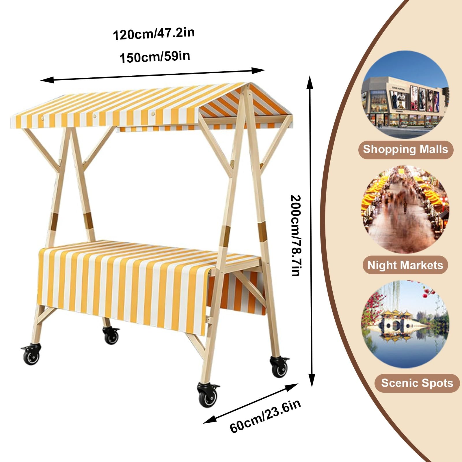 Carro De Comida De Madera con Ruedas, Puesto De Venta Plegable, Carrito De Exhibición Portátil con Toldo Y Mantel, para Mercados Callejeros, Ferias(Red,150cm/59in)