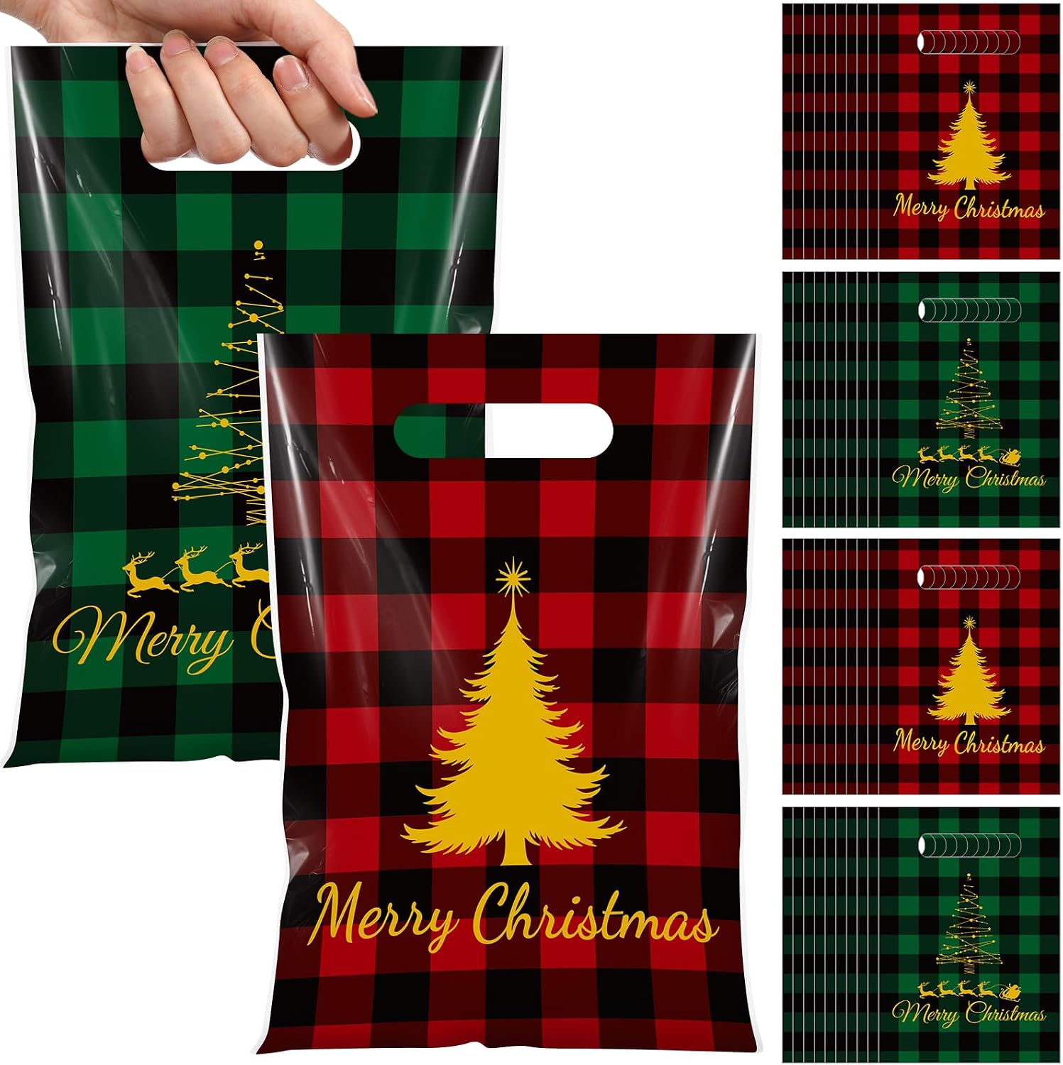 Funrous 50 Pcs Christmas Treat Bags Plastic Merry Christmas Gift Bags Bulk Red and Green Plaid Goodie Candy Cookie Favor Bag for Winter Xmas Holiday Wrapping Supplies
