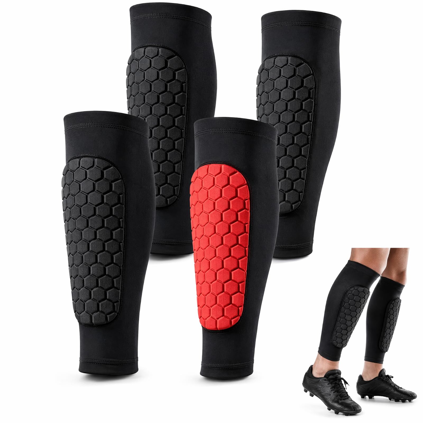 KutaKuta Shin Pads, 2 Pair Honeycomb Compression Sleeve Football Shin Guards, Shin Pads Boys Adults with Superior Impact Absorption, Breathable Knit Shin Defender Kids for Soccer, Basketball, Cycling
