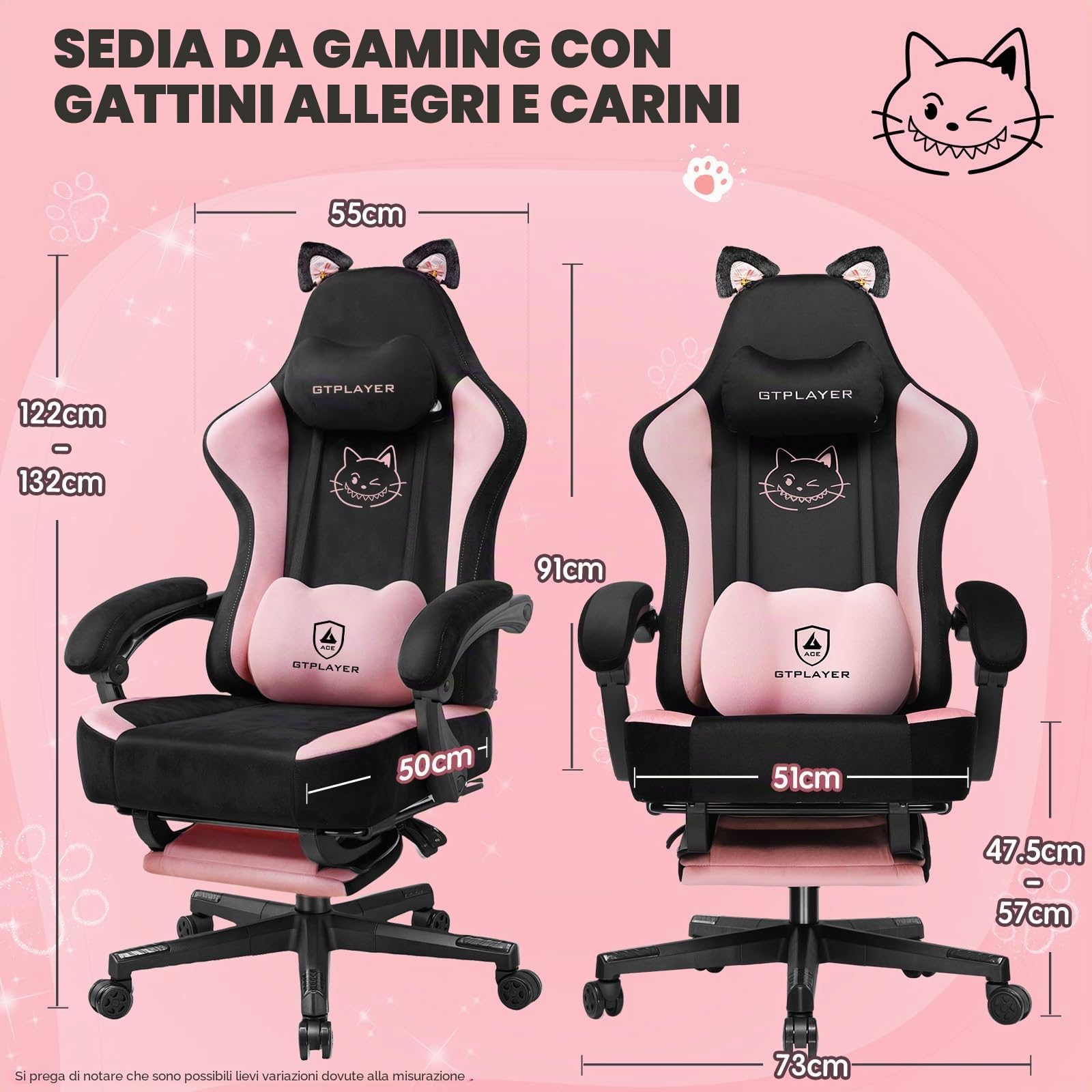 GTPLAYER - Sedia da gaming carina con tessuto in velluto, sedia da gaming, sedia da ufficio ergonomica con orecchie di gatto, memory foam e poggiapiedi, 150 kg, Rosa