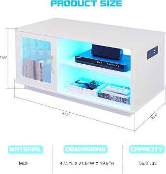 Gurexl LED Coffee Table with Charging Station, Auto Sensor 3 Color Dimmable Dining Table with Large Storage Cabinet for Living Room,Cocktail Table with USB Ports and Power Outlets