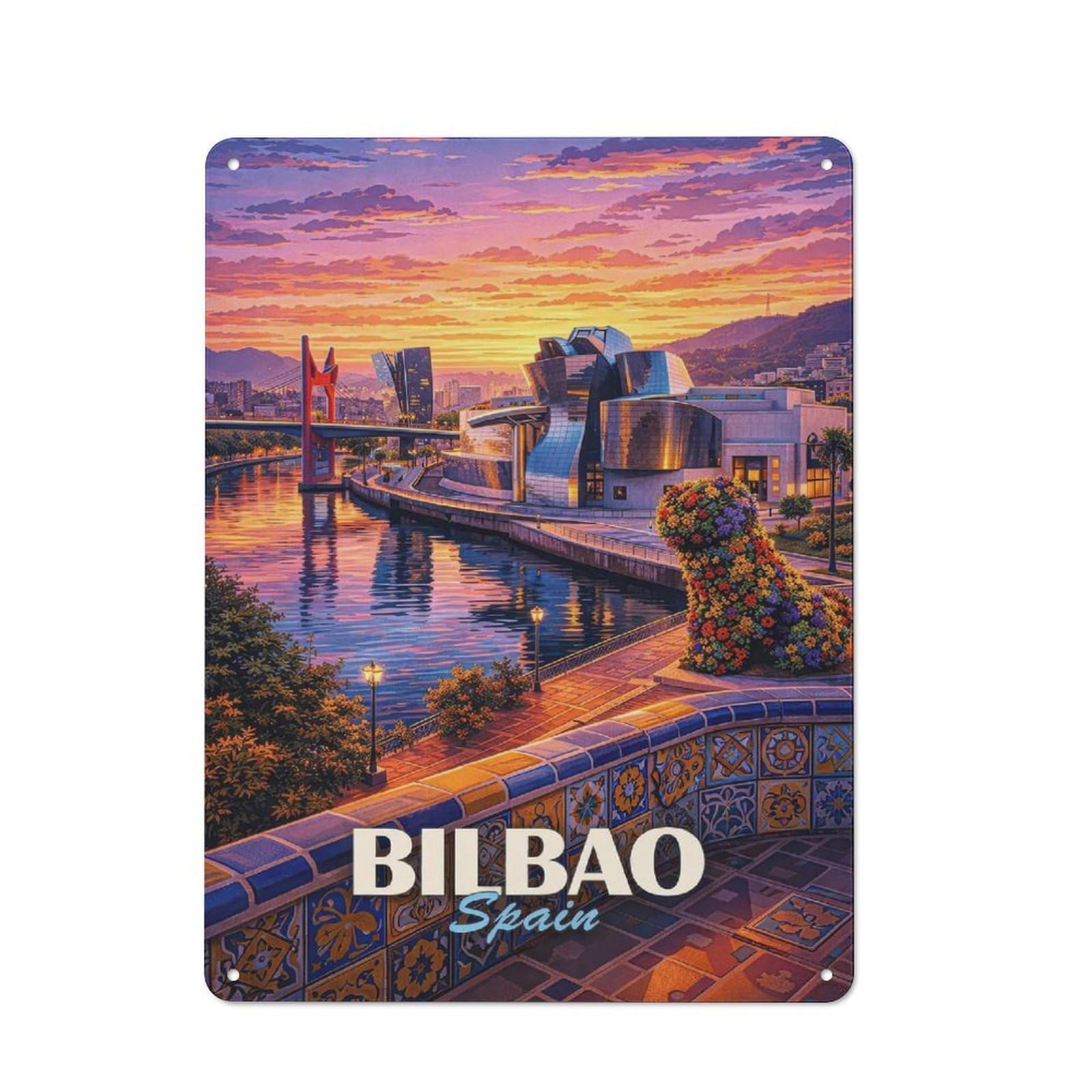 Junmoney Style-12 Outdoor Room Rustic Tin Sign 40X30cm Featuring Bilbao Spain Cityscape At Sunset, Shed Wall Decor For Greenhouse, Garden Room, Cafe Or Entryway