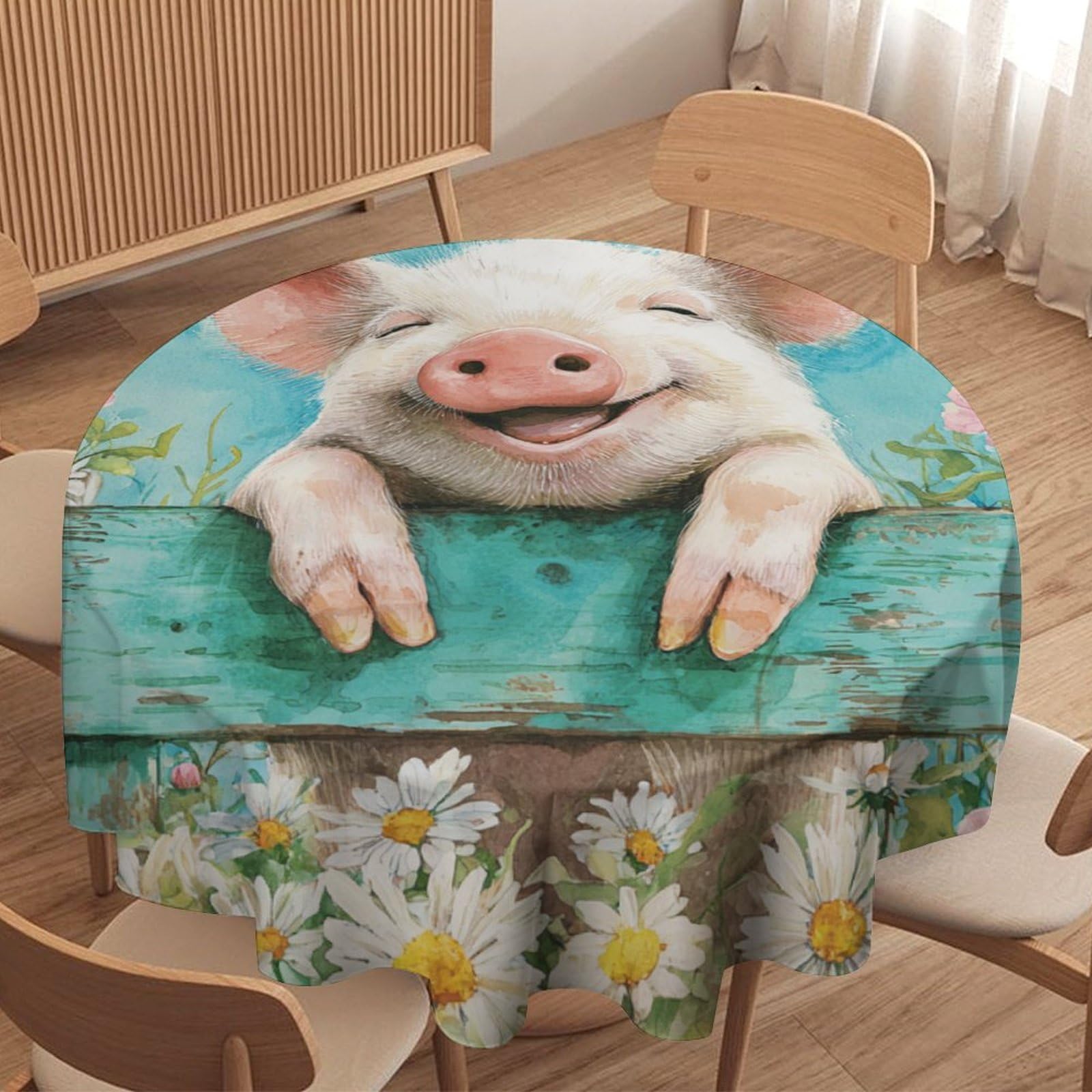 LUYYSKY Retro Classic Cute Pigs Round Tablecloth Beautiful Spring Farm Wooden Fence Plants Daisies Floral Animals Pigs Washable Decor for Table Cover for Kitchen-177.8" Wx177.8 L cm