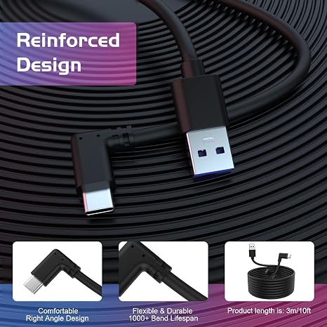 VR Link Cable Compatible with Oculus/Meta Quest 2/3/Pro Accessories and PC/Steam VR, High Speed Data Transfer & Fast Charing, for VR Headset and Gaming PC, 10ft