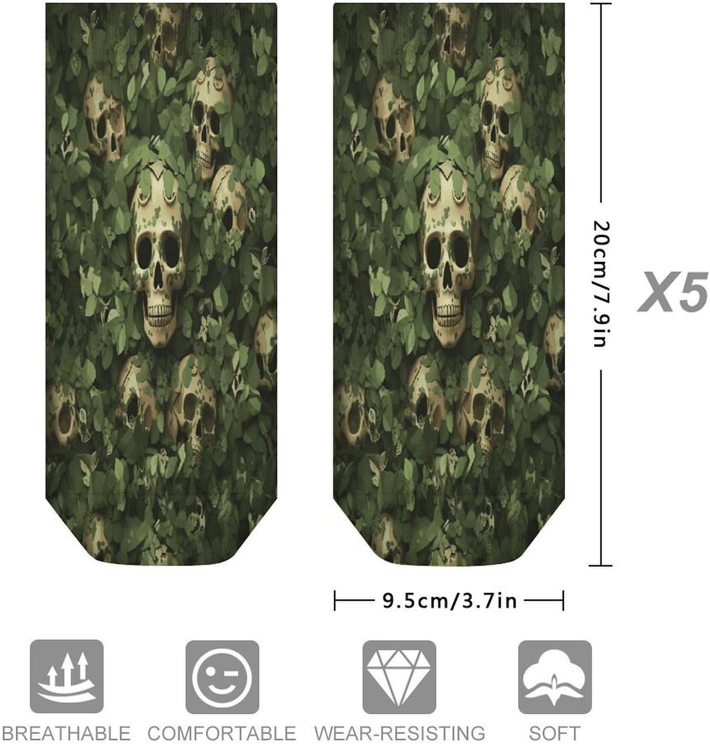 Green Skull Leaves Ankle Socks for Men Women 5 Pairs | Comfortable Casual Low Cut Socks, Lightweight No Show Breathable Athletic Socks, Soft Mini Crew Socks for All Seasons