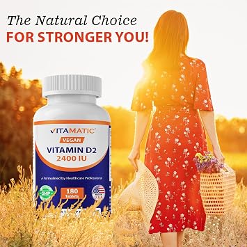 Vitamatic Vegan Vitamin D2 2400 IU (60 mcg) Vitamin D Supplement for Bone & Immune Support 180 Tablets
