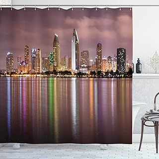 Ambesonne USA Shower Curtain, Clouds Look Ominous Over San Diego California Riverside Mirror Panoramic, Cloth Fabric Bathroom Decor Set with Hooks, 69" W x 84" L, Dried Rose Multicolor