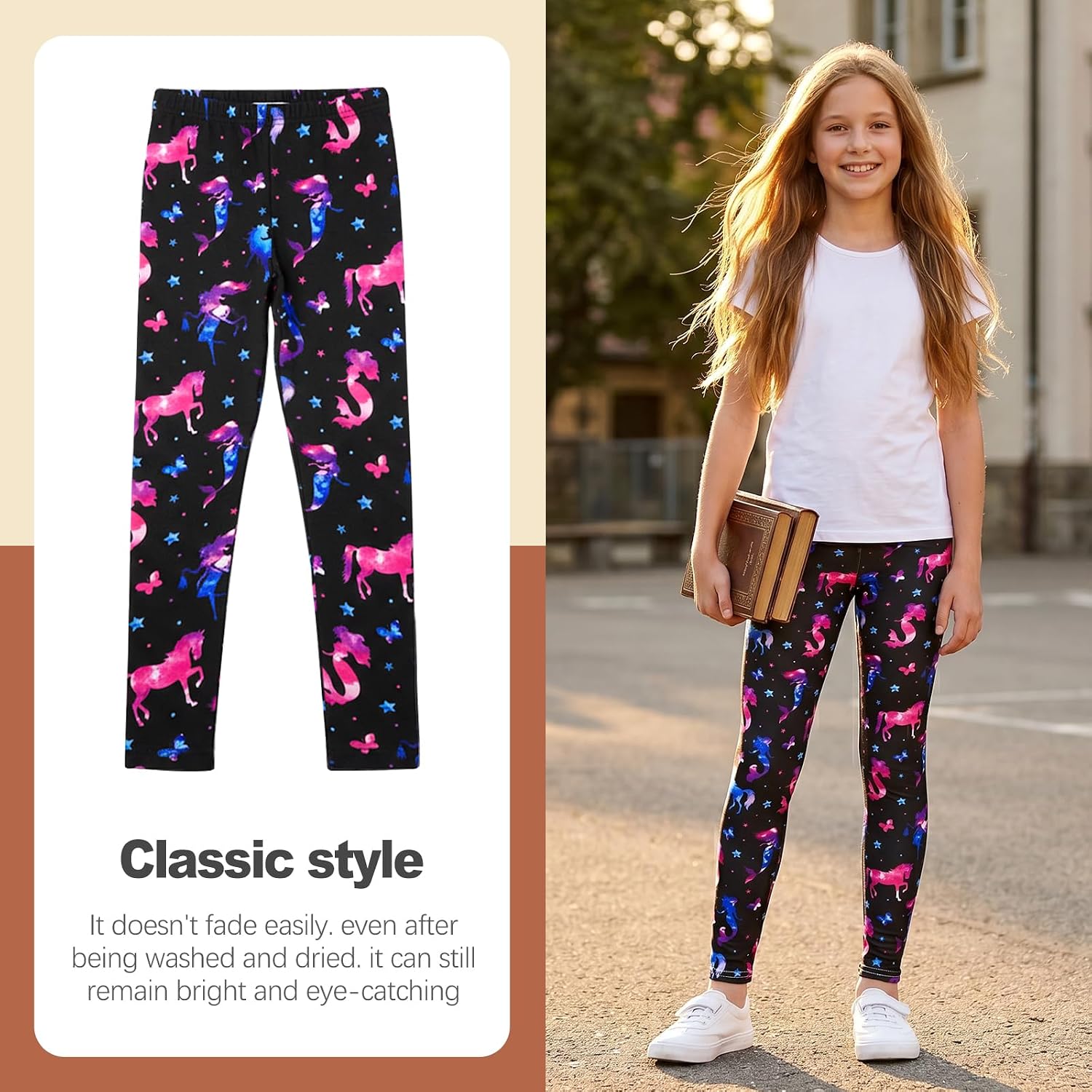 Girls Leggings 3 and 4 Pack - Printed Soft Elastic Pants for School, Sports and Casual Wear, Size 4-13