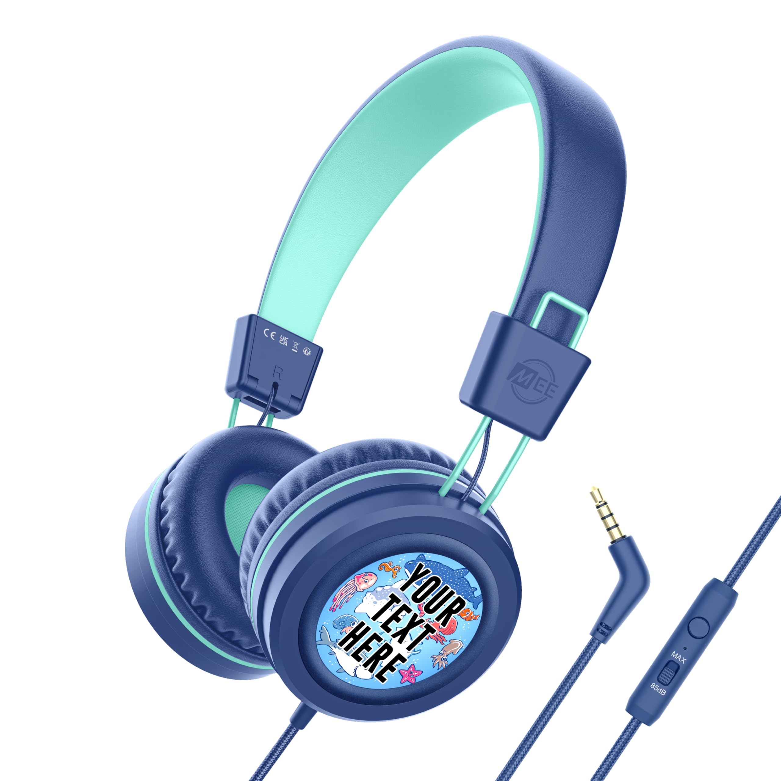 MEE audio KidJamz KJ55 Personalized Wired Headphones for Kids with Custom Full Color Photo Print, 3.5mm Plug Headset, Volume Limiter, &amp; Microphone, Printed Graphics for School, Gift, Travel (Blue)