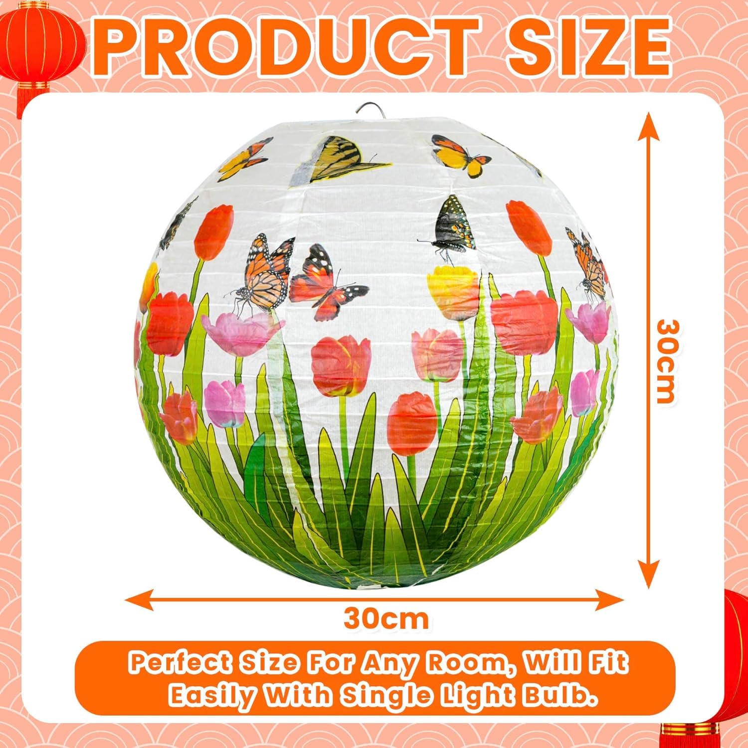 2pc Paper Lampshade Hanging Light Shade 30cm, Oriental Ribbed Japanese Ceiling Fixture with Cherry Blossom & Floral Patterns - Image 4