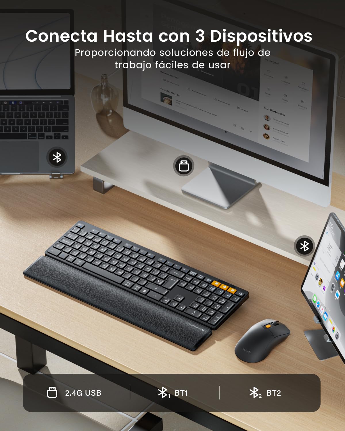 ProtoArc Teclado y Ratón Inalámbrico Bluetooth, KM60 Teclado de tamaño Completo con Reposamuñecas, Recargable, 2,4 GHz + 2*Bluetooth, para Ordenador Portátil, PC, Mac y Windows, QWERTY Español, Negro