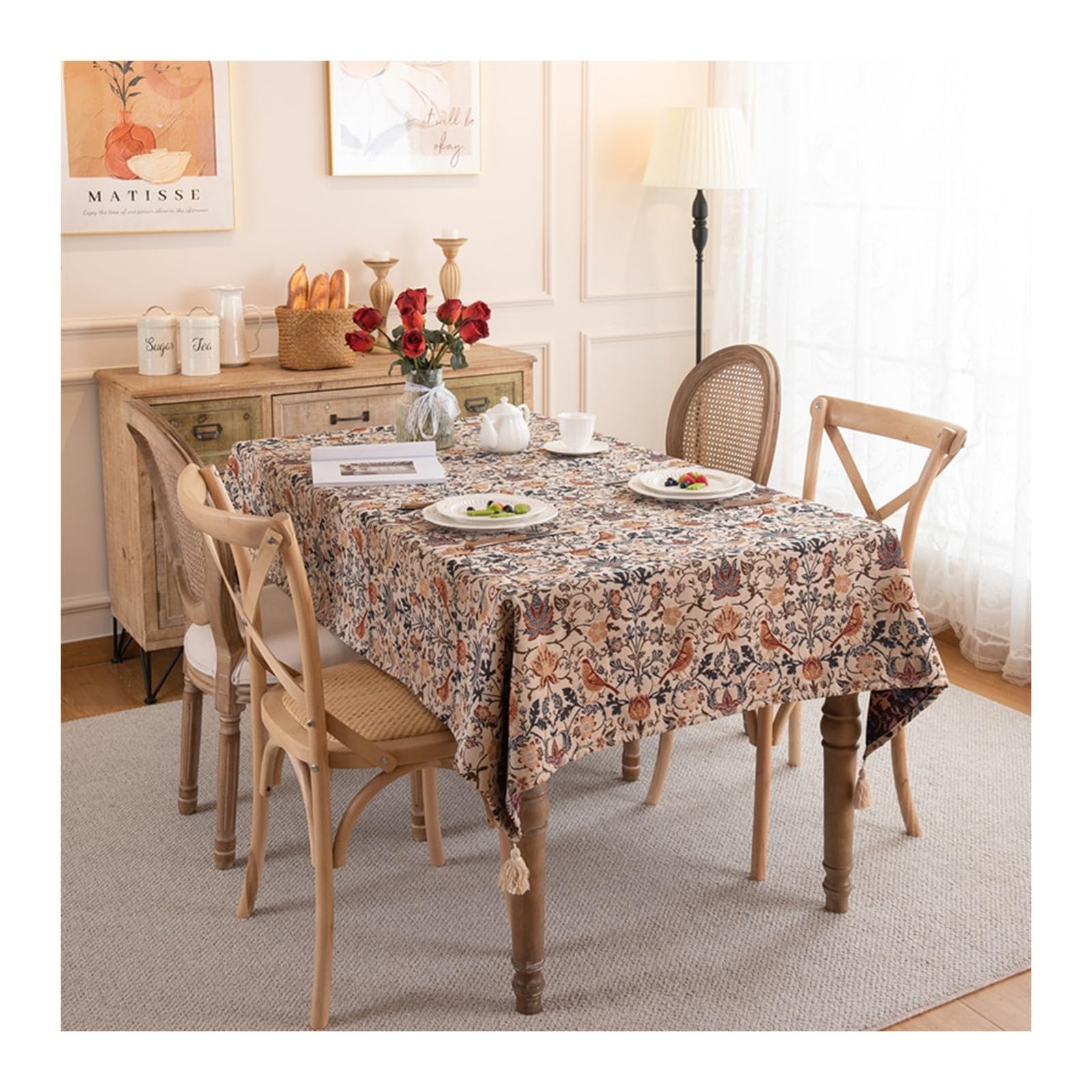 Nappe carrée 140x140 cm KnSam jacquard fleurie vintage en coton polyester