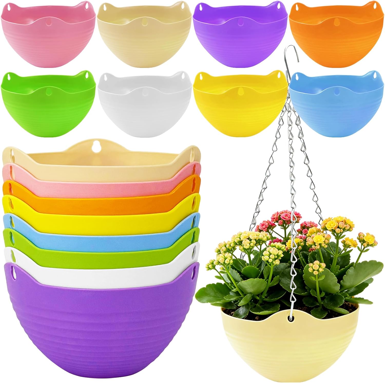 Bvrbaory 8-Pack Multicolor Hanging Planter Pots - 7.9" Round Baskets with Metal Chains & Drainage Trays for Indoor Outdoor Plants, Garden Home Decor