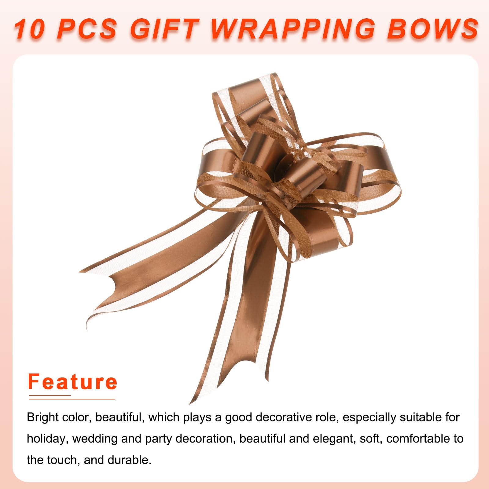 Uxcell 10pcs 8 Inch Giant Large Pull Bow Gift Wrapping Organza Bows Ribbon Coffee for Wedding Baskets Presents Christmas - Image 4