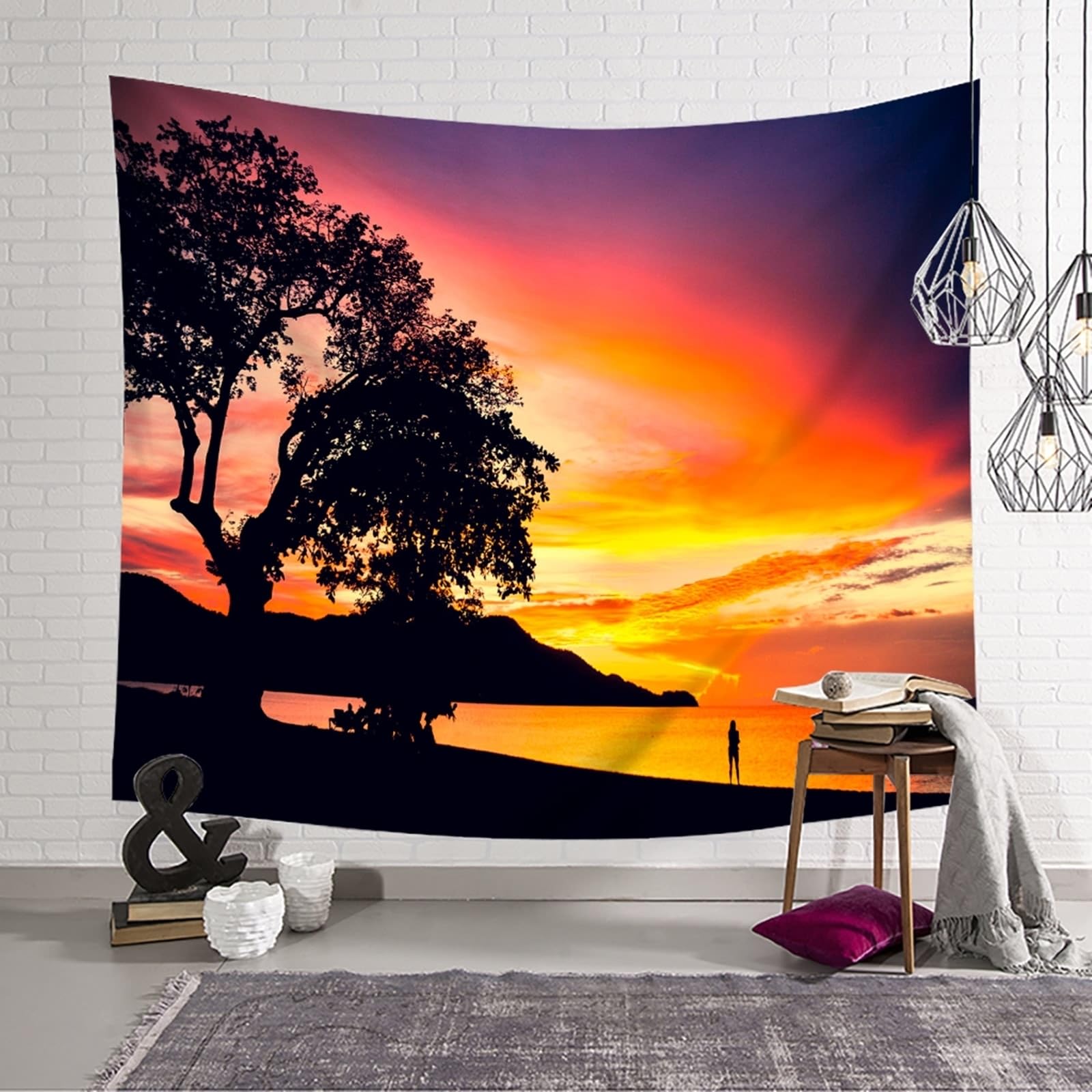 Skcess Tapiz de poliéster de 240 x 220 cm, tapiz, para colgar en la pared, color beige y gris