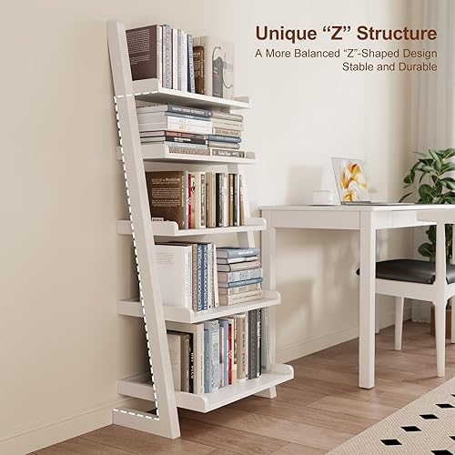 Miniatura 3 de AQIMUELE Estante de escalera de madera blanca con bordes, escalera inclinada moderna de 5 niveles, elegante estantería que ahorra espacio para sala