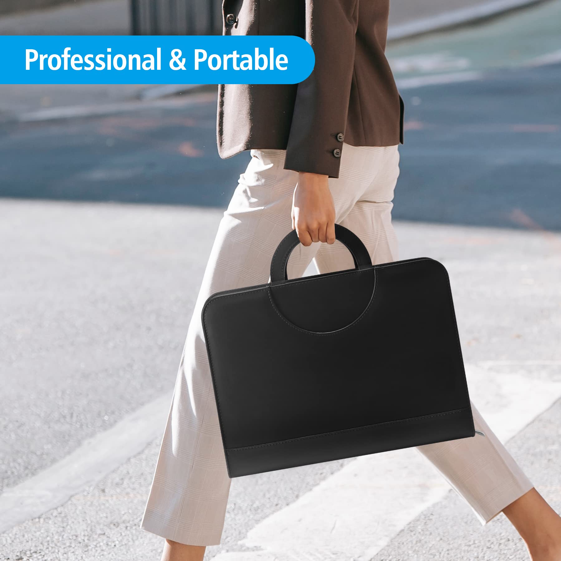 Porte-documents pour homme et femme – Porte-documents en cuir avec fermeture éclair et calculatrice – Support pour tablette, documents, cartes, carnets, bloc-notes