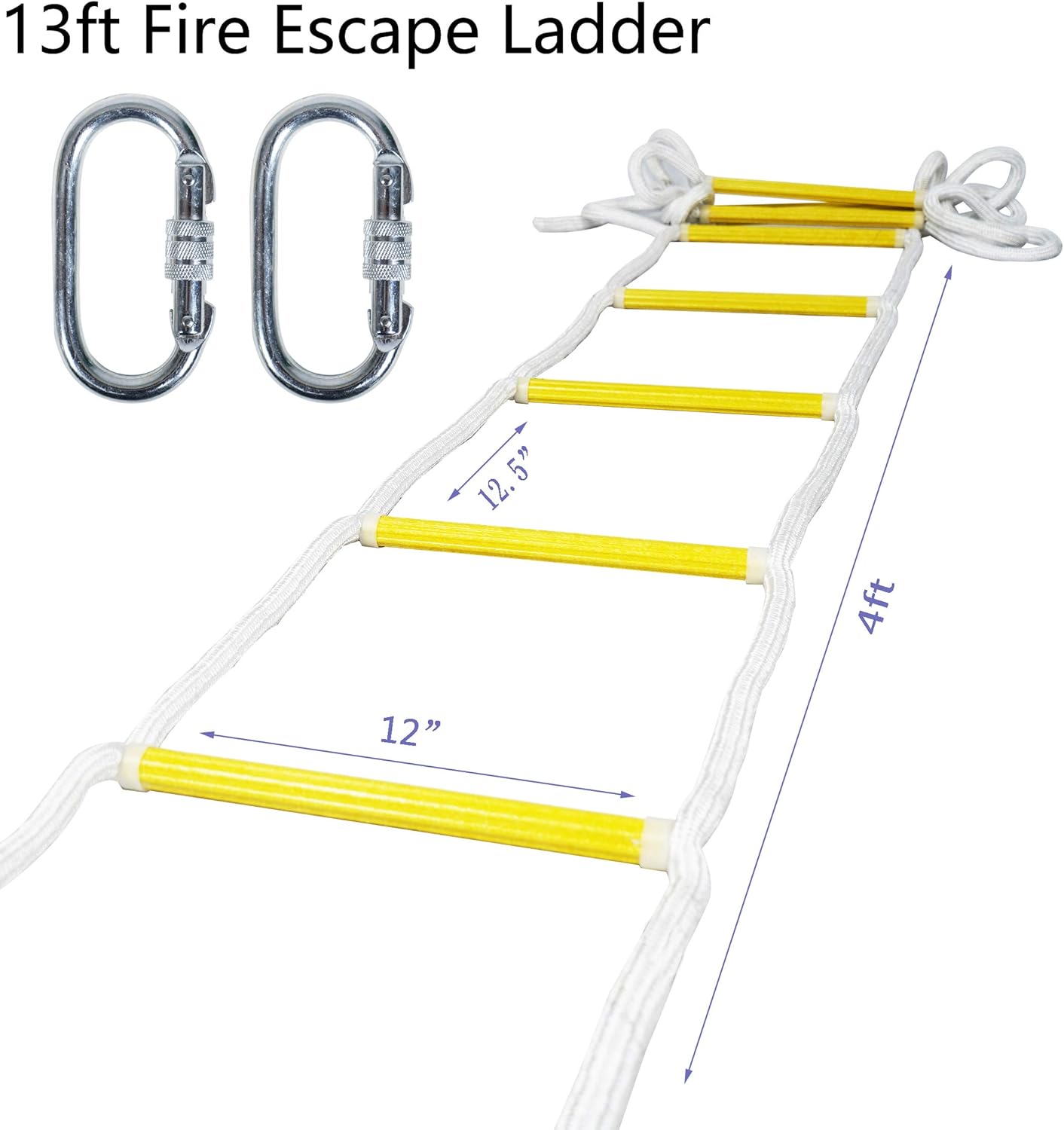 Emergency Fire Escape Ladder Flame Resistant Safety Rope Ladder with Hooks Fast to Deploy & Easy to Use Compact & Easy to Store Withstand Weight up to 900 pounds (13ft - - 