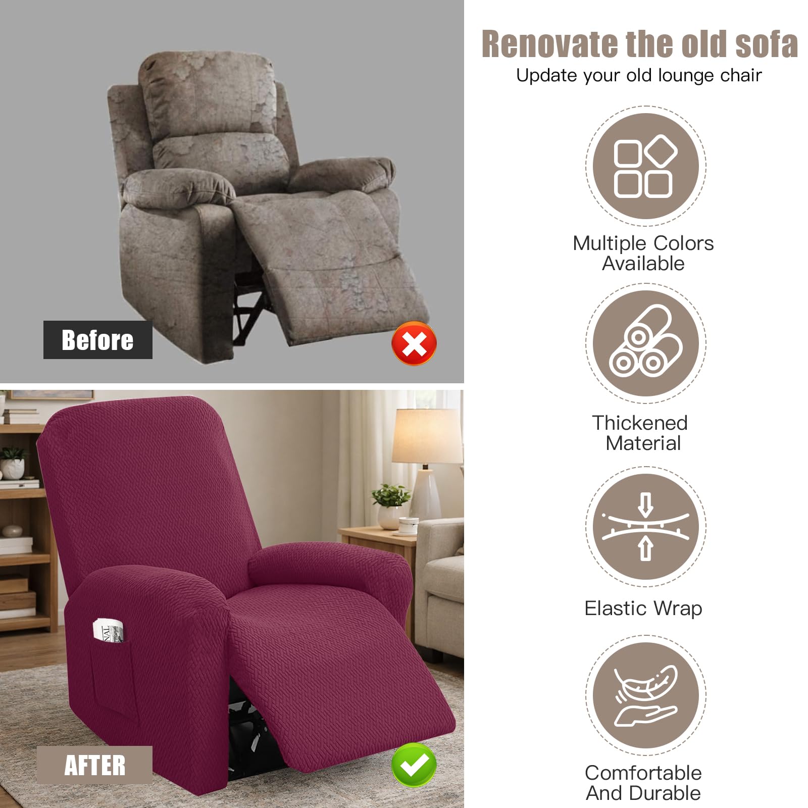 Set di 4 Copri Poltrona Relax Reclinabile, Copripoltrona 1 Posto Elasticizzato con Tasche e Braccioli,Utte le Inclusive Strisce Jacquard, Lavabile (Borgogna)