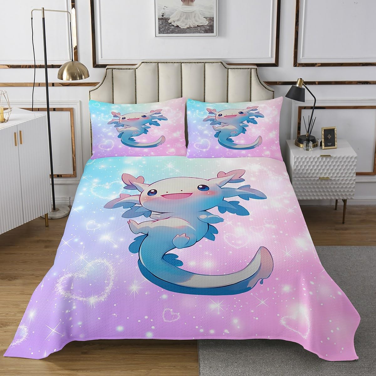 jejeloiu Cute Axolotl Quilted Coverlet Twin Size Cartoon Salamander Bedspread for Boys Girls Children Whimsical Marine Animal Coverlet Set Room Decor Breathable Soft Microfiber All Season 2Pcs