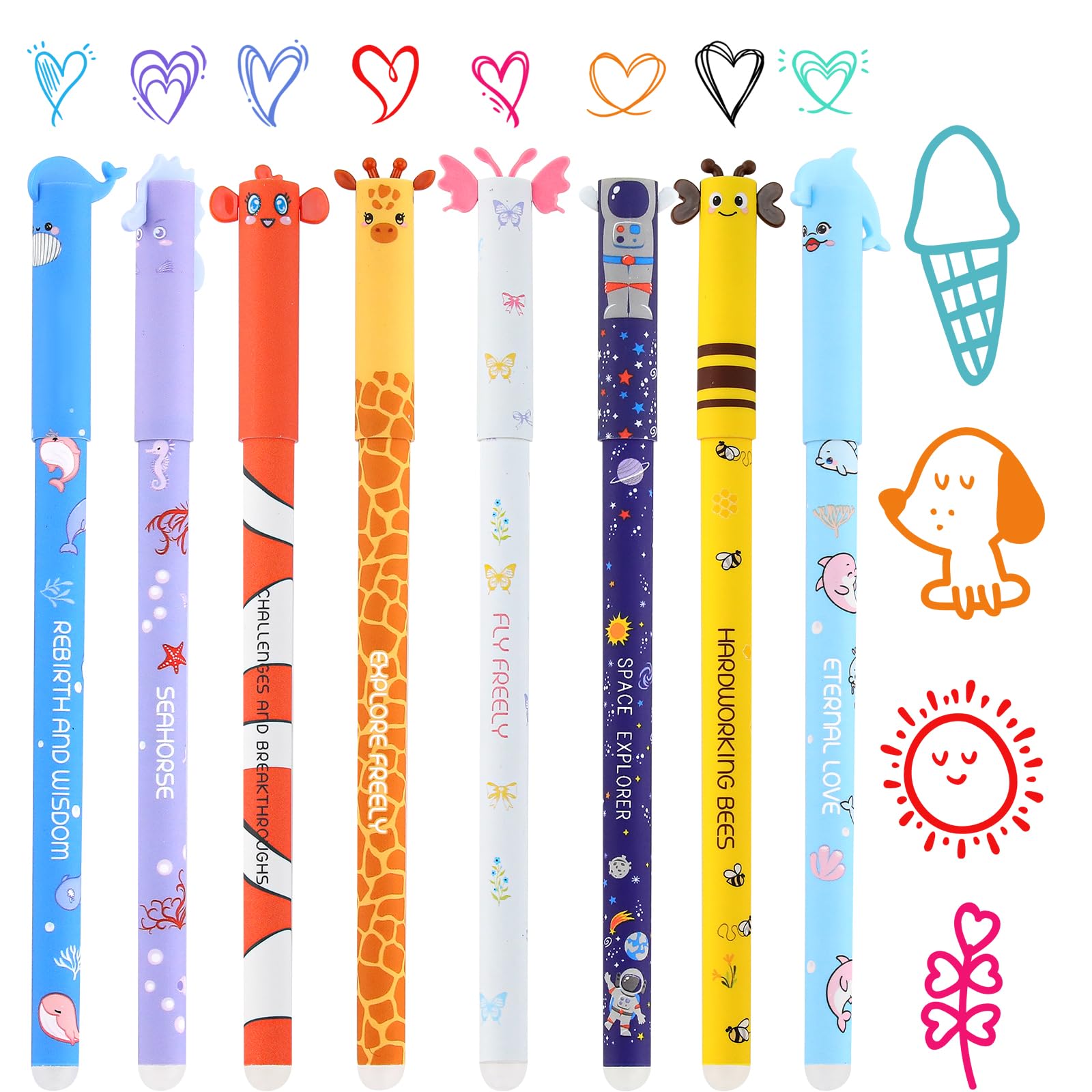 Confezione da 8 penne gel cancellabili con gomma da 0,7 mm, scrittura liscia, riscrivibili e cancellabili, 8 colori a forma di animale