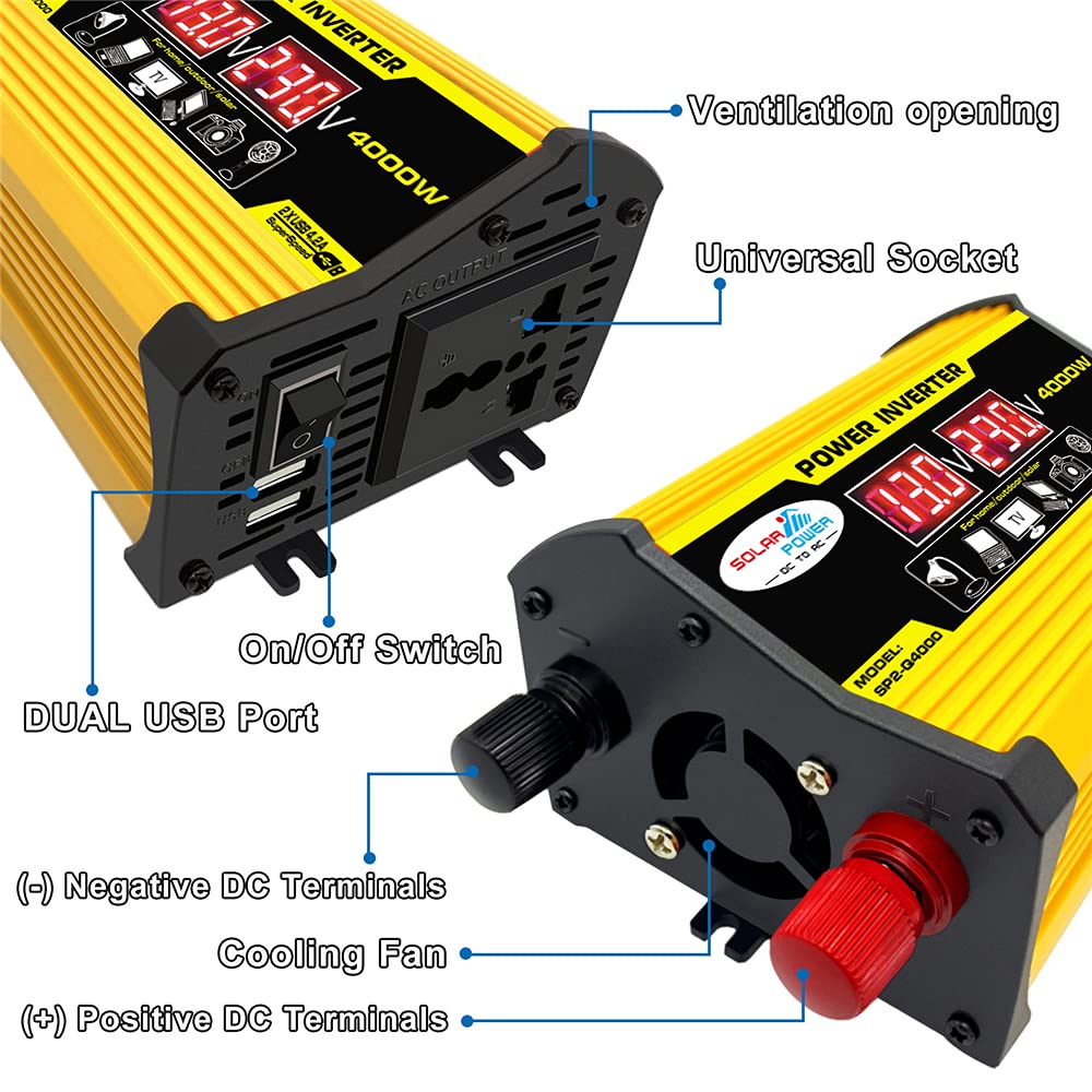 Inversor,Inversor Coche 4000W DC12V a AC220V / 110V Muestra del inversor de alimentación del automóvil Adaptador convertidor 2USB Transformador de Voltaje Modificado Onda sinusoidal(Yellow 12v 220v)