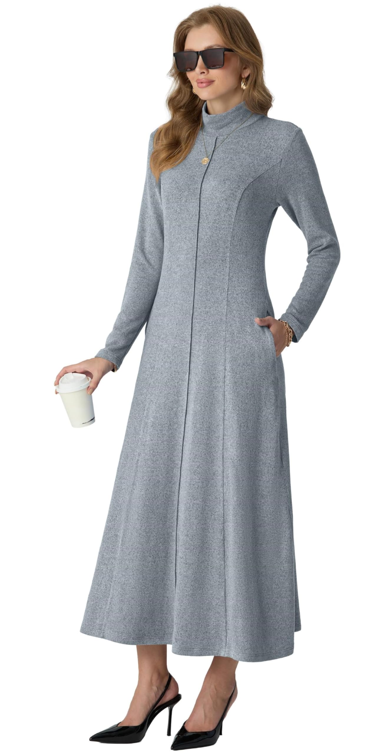GRECERELLE Robe longue pour femme à col roulé et manches longues pour l'automne et l'hiver - Élégante et décontractée - Pour le travail, les rendez-vous galants, le salon - Robe longue extensible avec