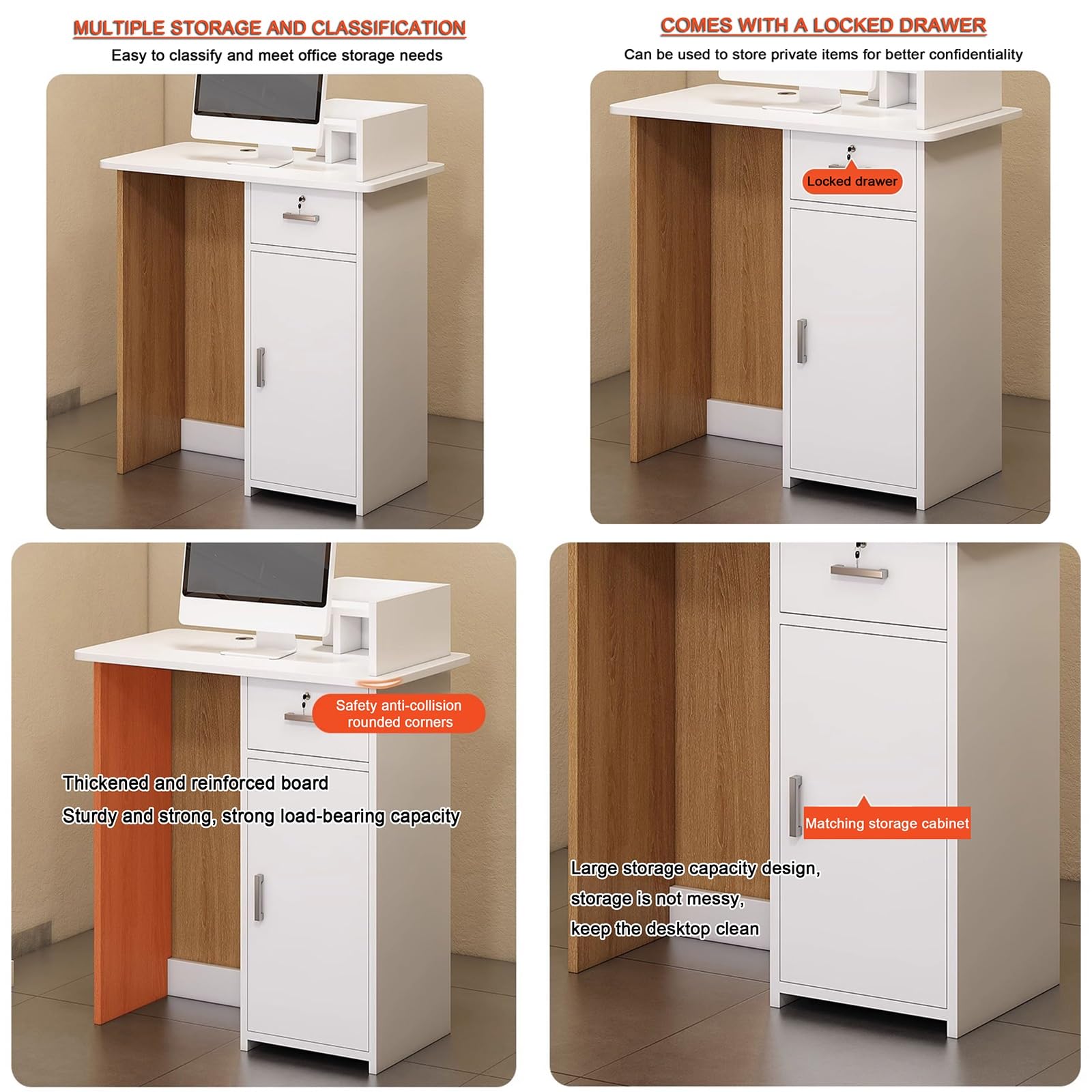 Moderno banco cassa con cassetto chiudibile a chiave e gestione dei cavi, elegante scrivania per reception e archivio per vendita al dettaglio, ufficio, salone, 80 cm