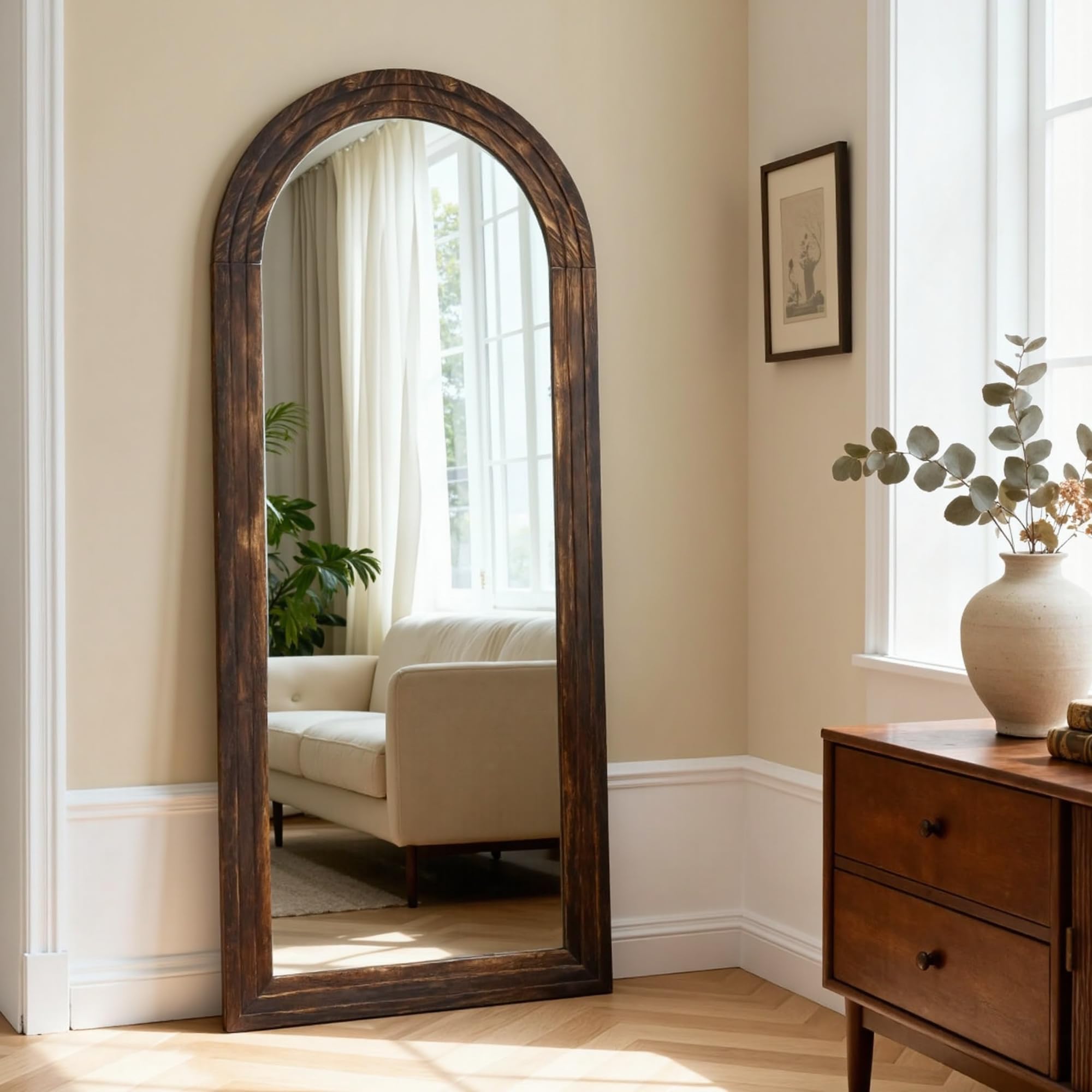 Floor Mirror Floor Length Mirror with Stand Wood,Arched Solid Wood Frame for Wall Door Bedroom Bathroom Living Room,Hanging or Leaning Wall-Mounted,Brown