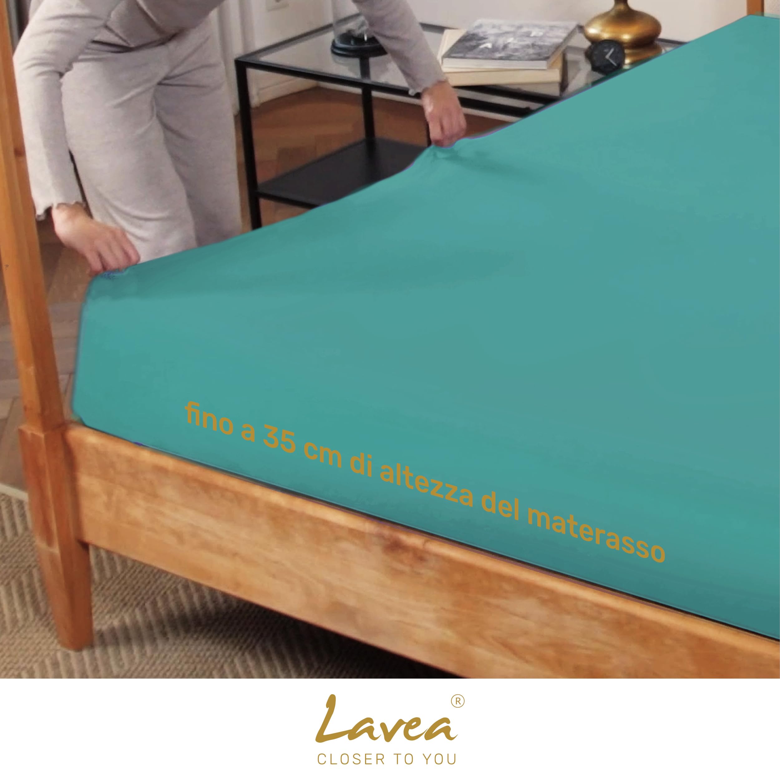 Lavea® Lenzuolo con Angoli Matrimoniale 180x200 cm – per Materassi Alti fino a 35 cm, per Letti Boxspring e ad Acqua – 100% Cotone – con Elastico – Alta Qualità – Turchese