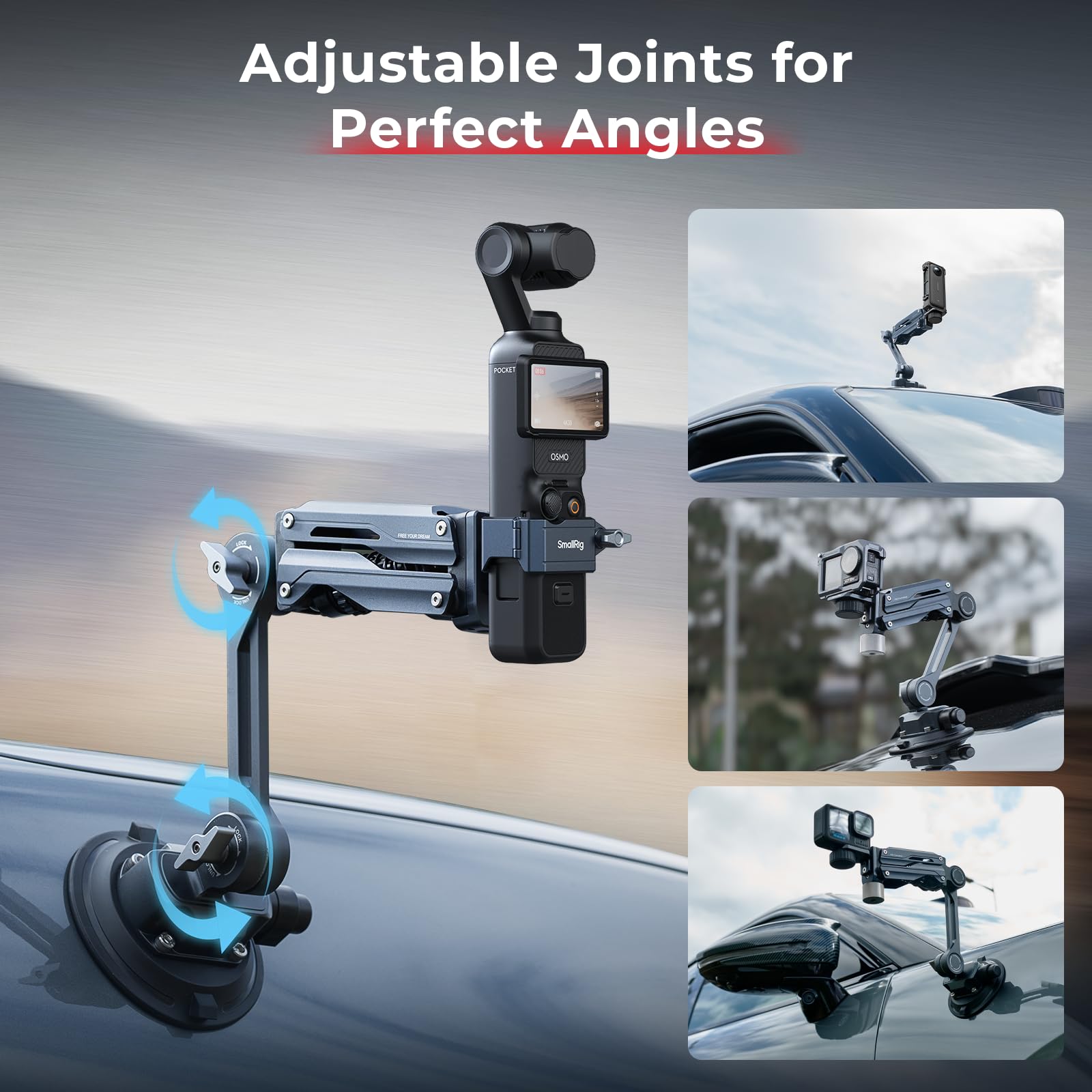 SMALLRIG Braccio Mini Assorbitore di Urto, Ventosa a Vuoto da 10 cm, Doppia Molla e Smorzamento Idraulico, Supporto per Auto per DJI Osmo Pocket 4 3/Action 6/5 Pro/4, per GoPro Hero 13/12/11, per