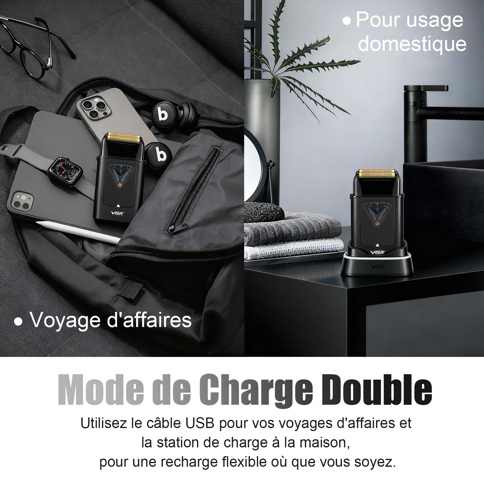 VGR 334 Rasoir Electriques Hommes Sans Fil Avec Moteur Vectoriel 8000 RPM