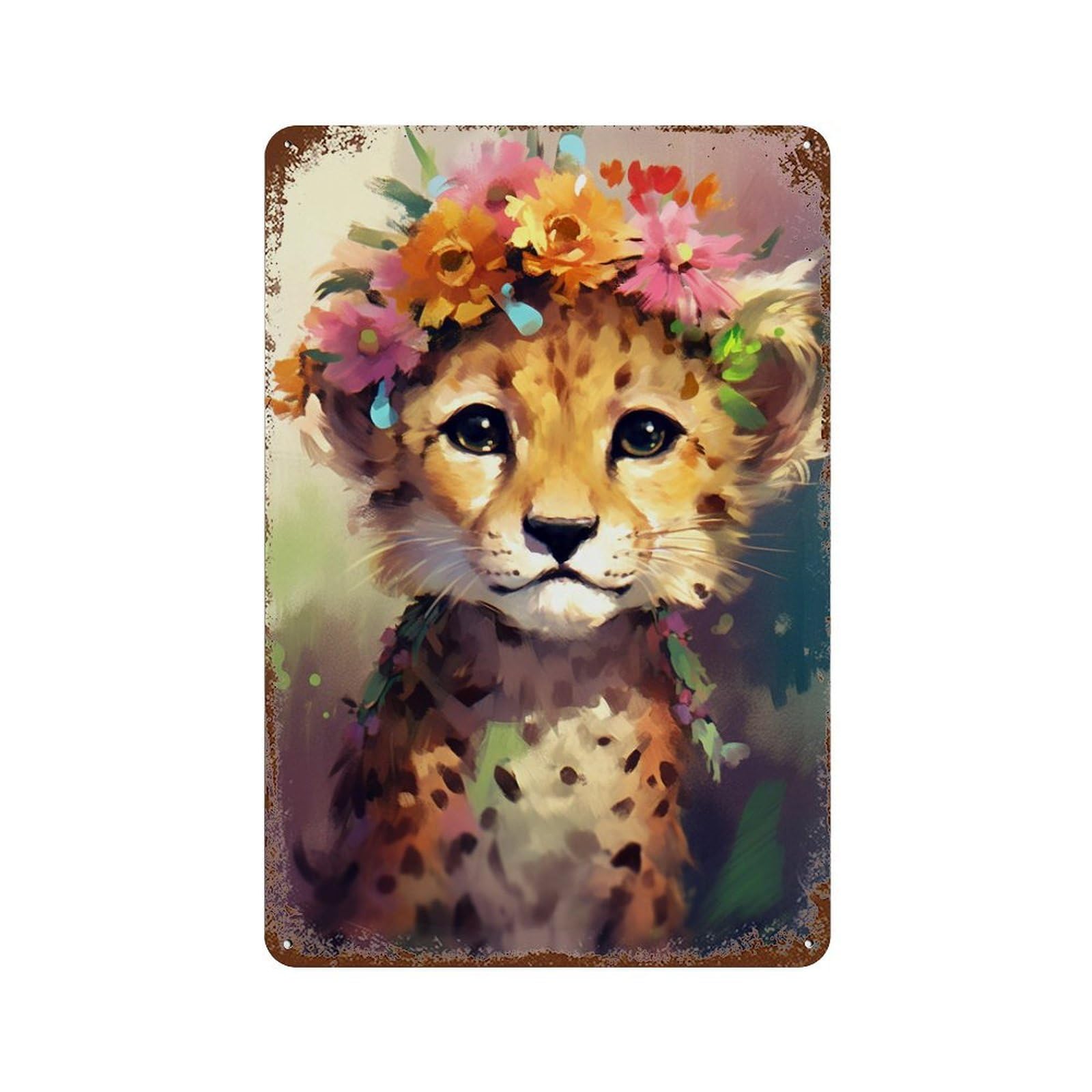Floral Crowned Leopard Cub 11.8"x7.9" Aged Metal Wall Plaque, Vintage Wall Decor for Basement, Hobby Room And Garage Decor