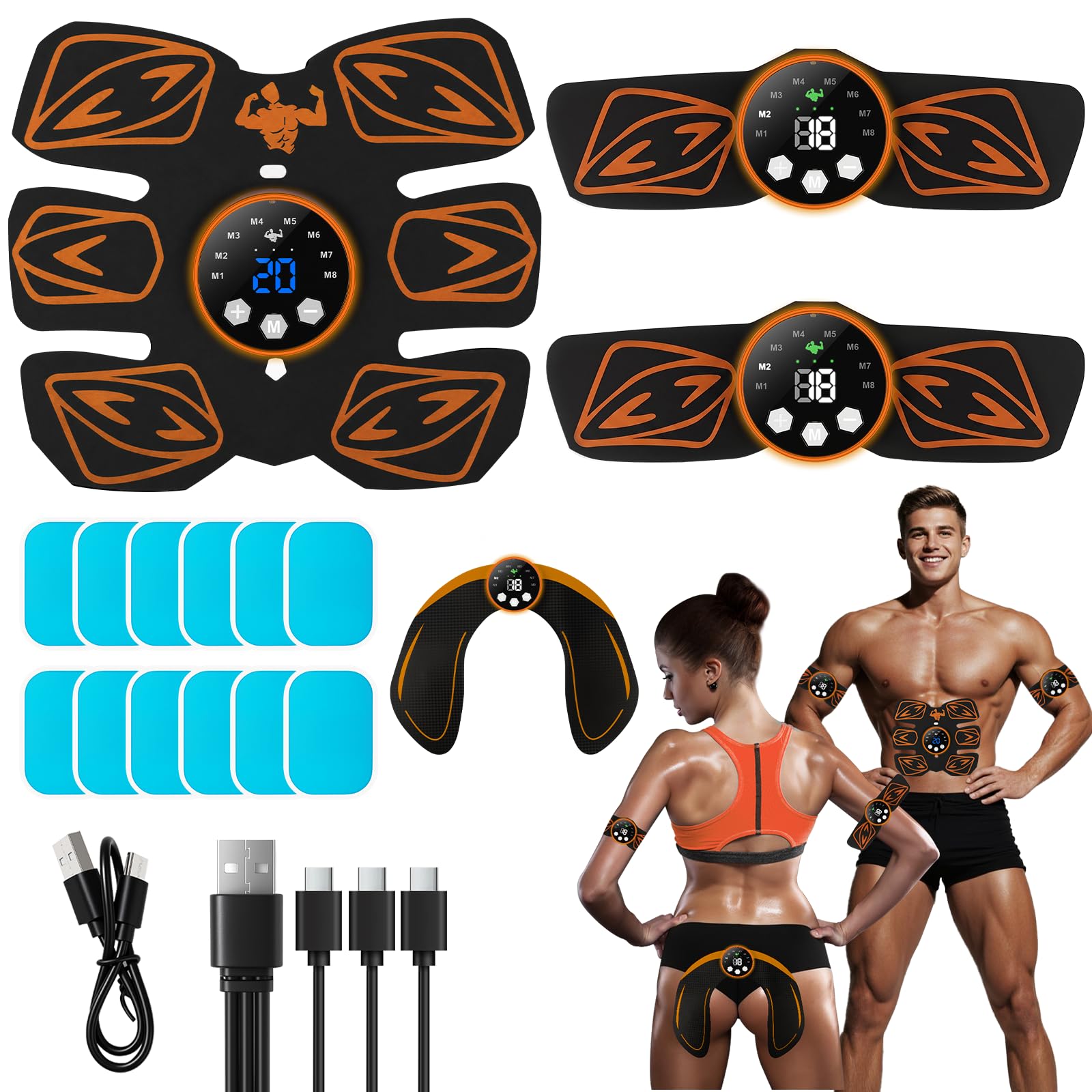 EMS Muscle Stimulator, ABS Trainer, Abdominal Muscle Toner Electronic Workout Home Fitness Device with 8 Modes,29 Intensities,4 Machines,4 Patches,12 Gel,For Abdominal/Arm/Leg/Hip Training-Orange