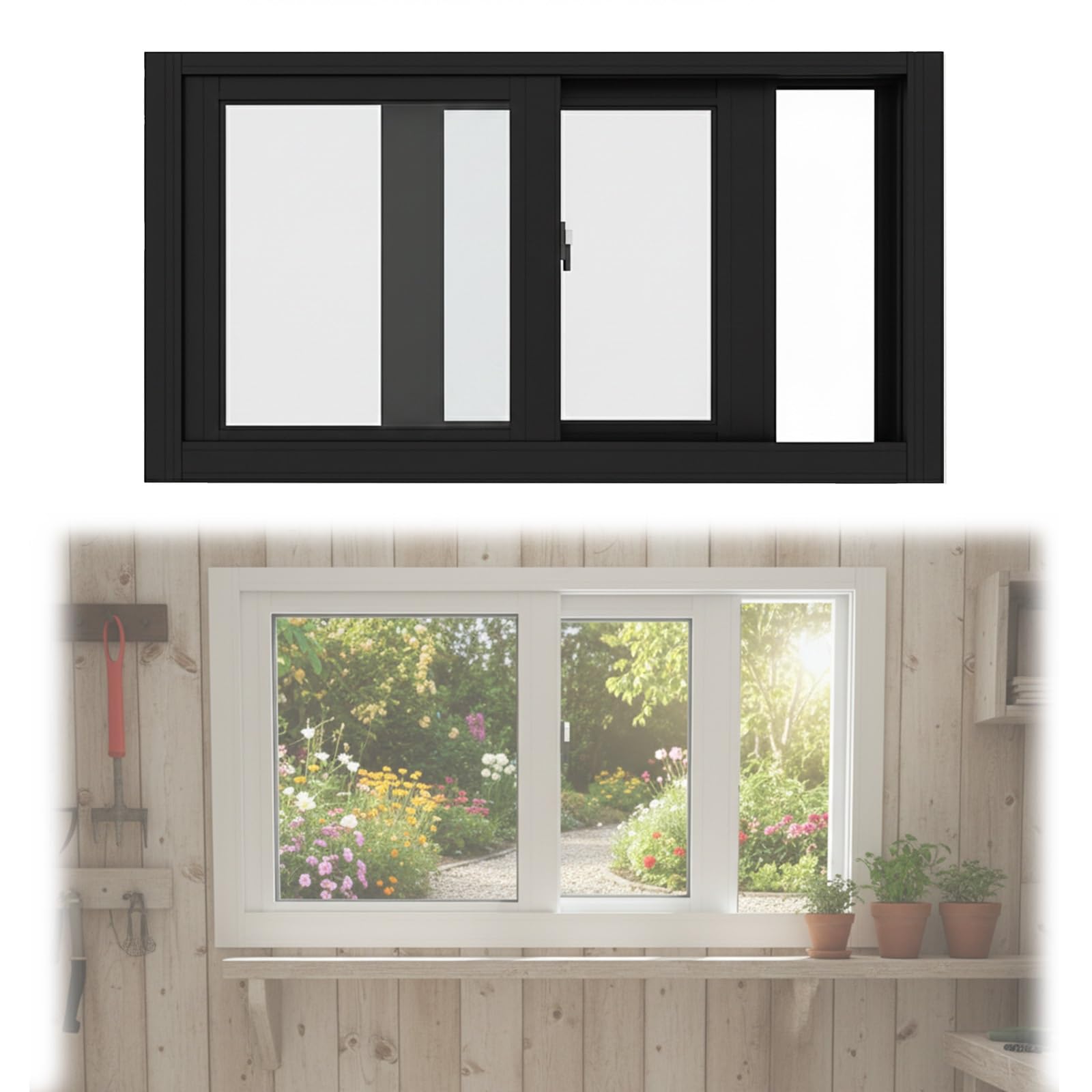 Ventana corrediza de vidrio templado negro ajustable de 20 a 36 pulgadas para sótanos