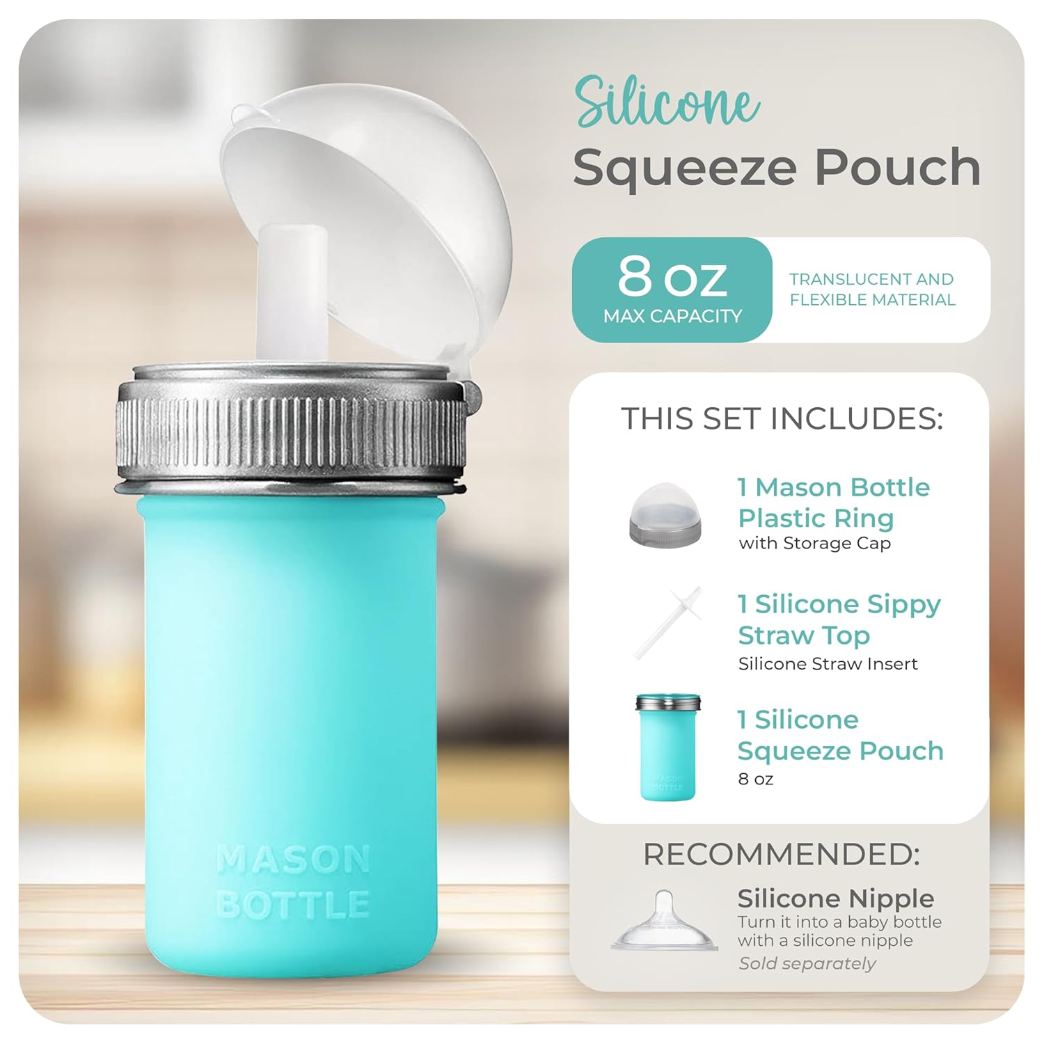 Mason Bottle 8oz Silicone Squeeze Pouch with Straw – Reusable Baby Food and Snack Pouch for Toddlers – Soft Food and Liquid Bottle - BPA & BPS-Free, Non-Toxic, Made in USA (Teal)