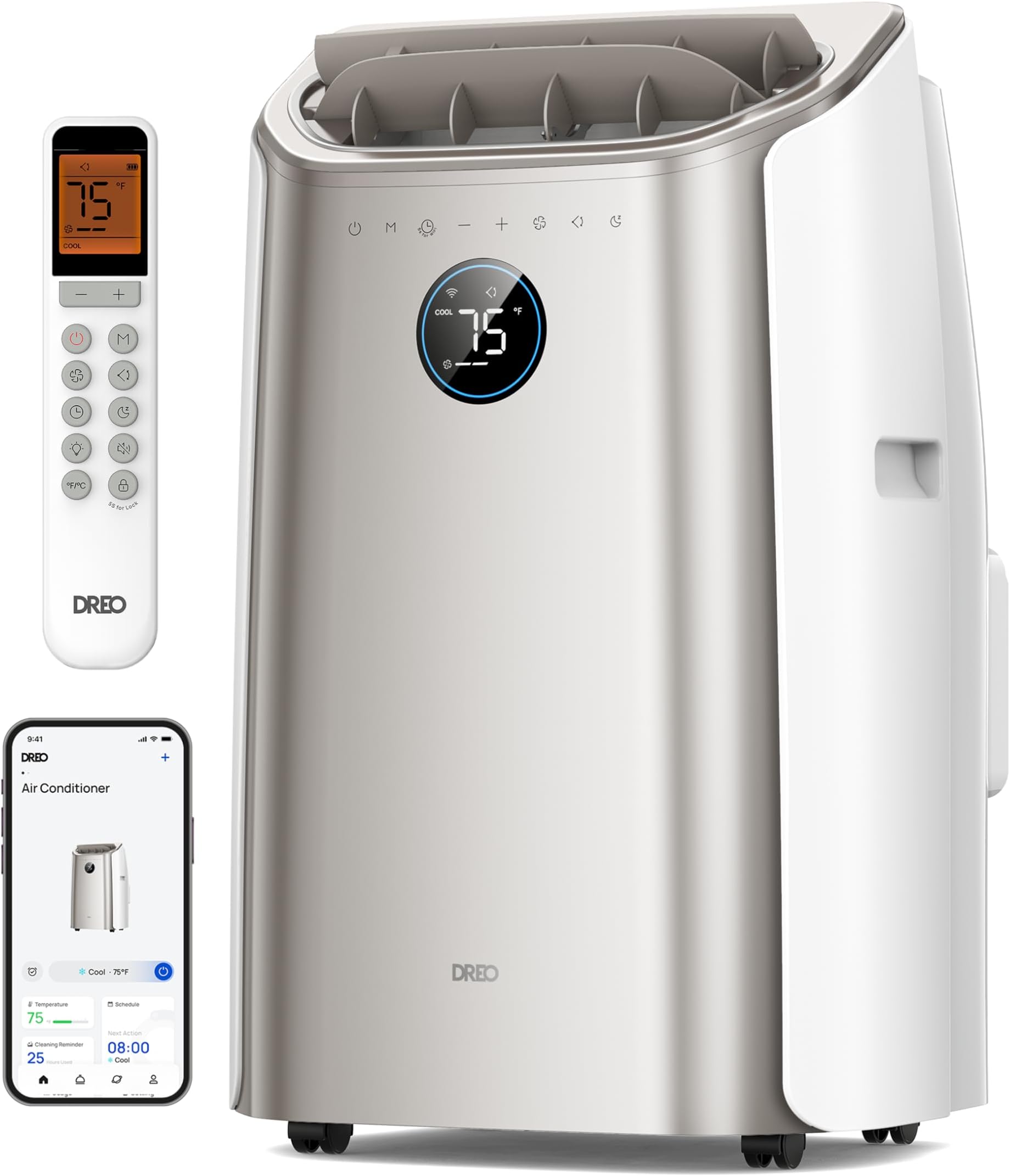 DREO Portable Air Conditioners, 14000 BTU AC Unit for Bedroom with Drainage-Free Cooling, 3-in-1 with Fan & Dehumidifier, Touch/APP/Voice/Remote, 24h Timer, Smart Floor AC for Room Indoors, AC516S