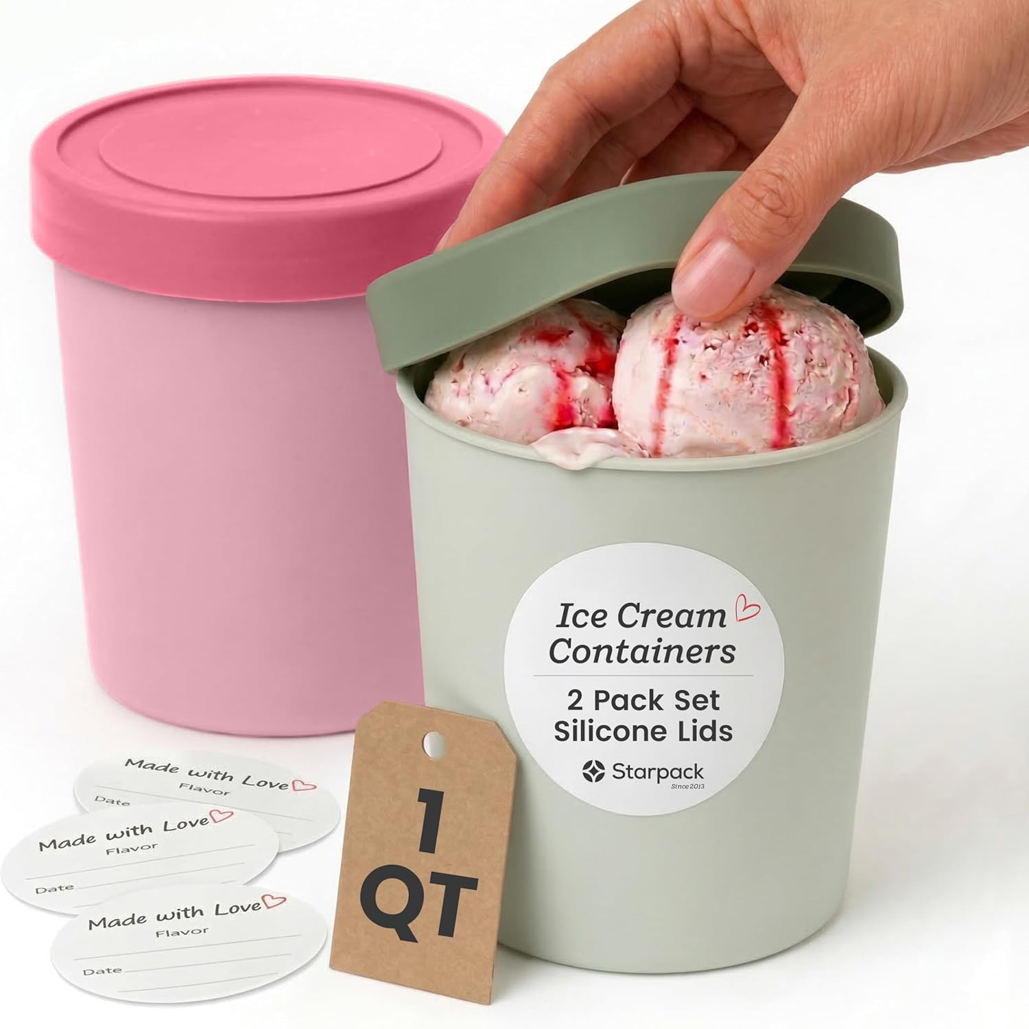 StarPack 'Freeze The Day' Homemade Ice Cream Containers (2-Pack, 1 Quart) - Airtight Silicone Lids, BPA-Free Reusable Ice Cream Freezer Containers with Lids, Stackable - Sage and Pink