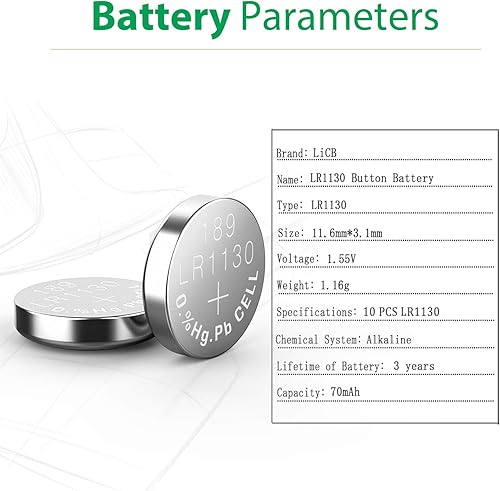Miniatura 2 de LiCB Paquete de 10 baterías LR1130 AG10 de 1.5 V de larga duración alcalinas de botón
