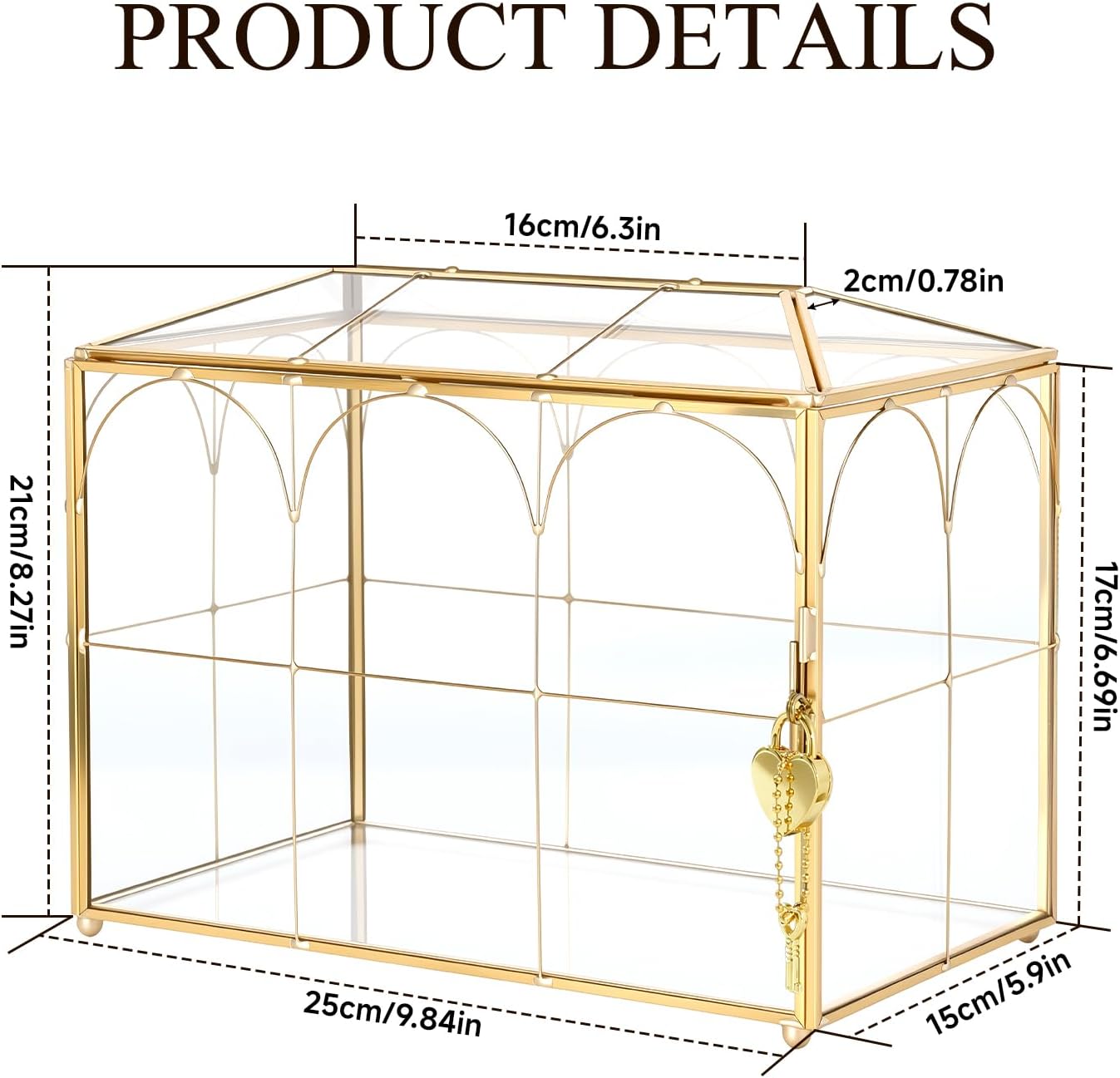 Glass Card Box with Slot, Small Gold Clear Card Box for Wedding Receptions - Home Birthdays Party Geometric Decorative, 9.84" x 5.9" x 8.27"