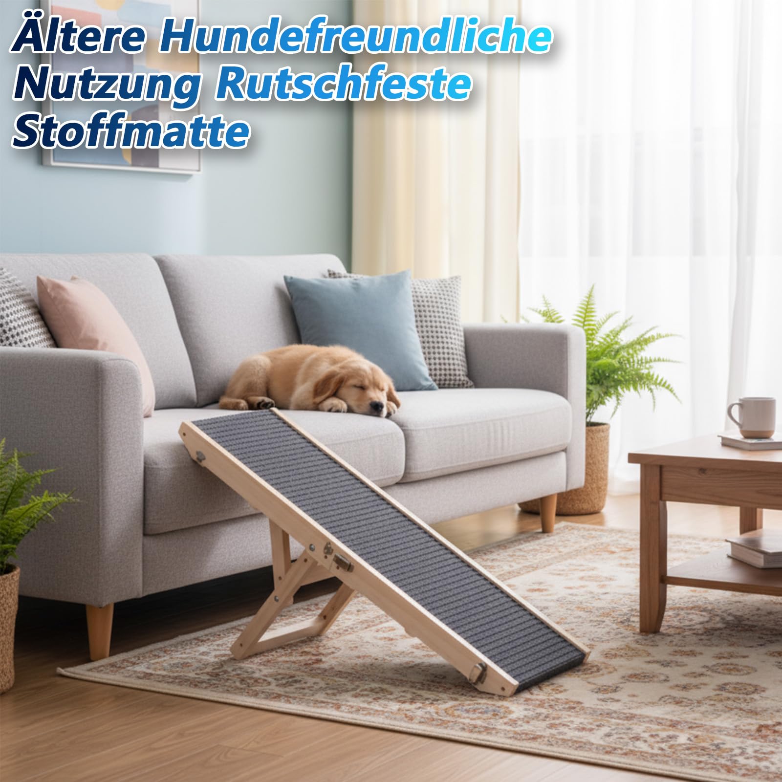 Rampe pour chien en bois, Escalier pour chien 4 marches Réglable de 24,5 cm à 45 cm, Rampe pour chien avec coussin antidérapant pour canapé, voiture, lit, Rampes pour chien pliables pour