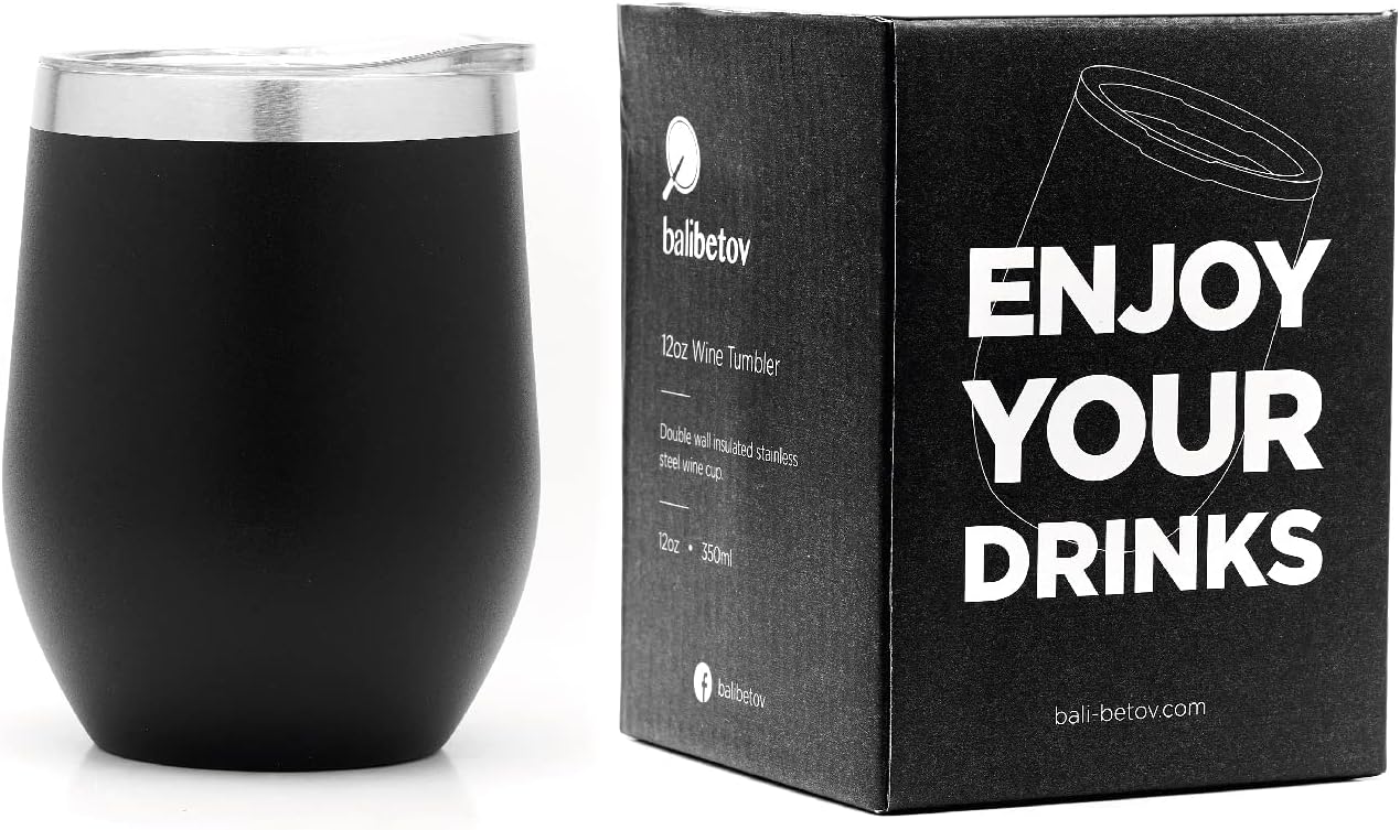 balibetov Izolowany kubek do wina z pokrywką (350 ml) – kubek do wina ze stali nierdzewnej (izolowane kieliszki do wina) – przenośny metalowy kieliszek do wina idealny do podróży, picia kawy, piwa i herbaty (czarny)