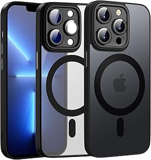 جراب يدعم الشحن المغناطيس لموبايل آيفون 12 برو ماكس بتصميم مطور يوفر حماية كاملة للعدسة متوافق مع منتجات ماج سيف مطفي شبه شفاف جراب حماية مقاوم للصدمات من دلع موبايلك، لون أسود