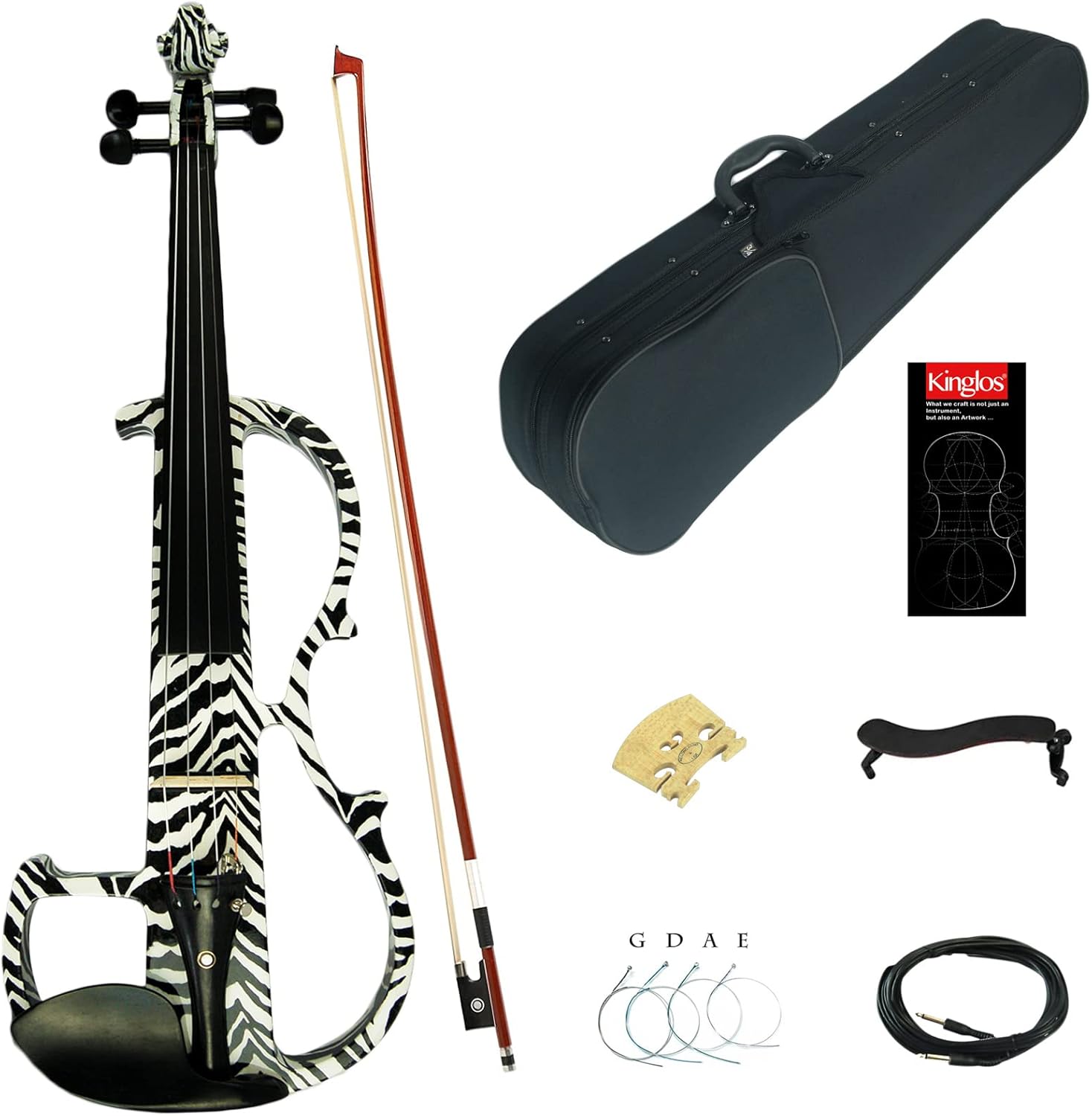 Kinglos 4/4 Black White Zebra Colored Solid Wood Advanced Electric/Silent Violin Kit with Ebony Fittings Full Size (DSG1302)