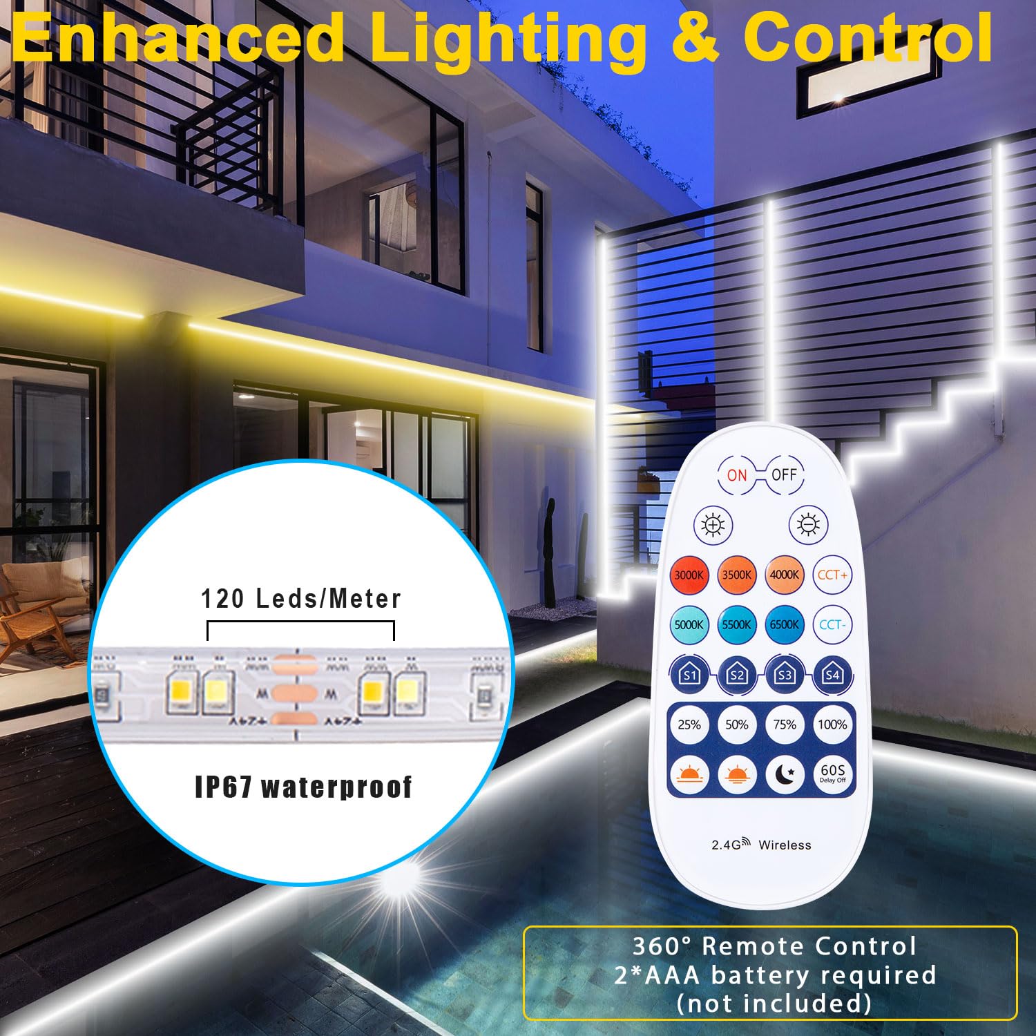 Led Strip 30M Aussenbereich Warmweiss Bis Kaltweiß Dimmbar, IP67 Wasserdicht Led Streifen Alexa Kompatibel Wifi App und fernbedienung, 24V Outdoor Led Band Selbstklebend für Garten, Küche