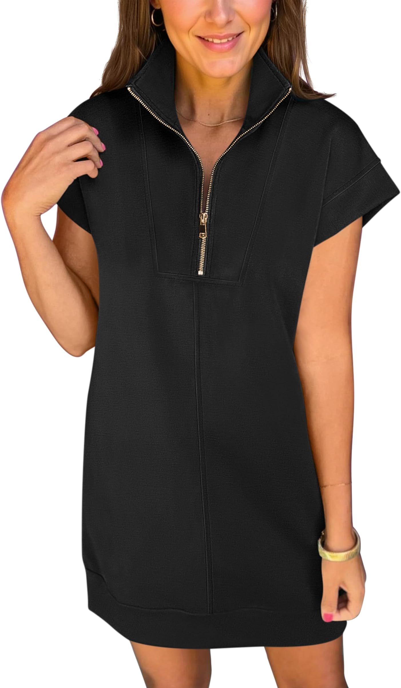 Womens Summer Casual Half Zip Cap Sleeve Trendy Wrinkle-Free Tshirt Dress 2026 Spring Beach Vacation Short Dresses