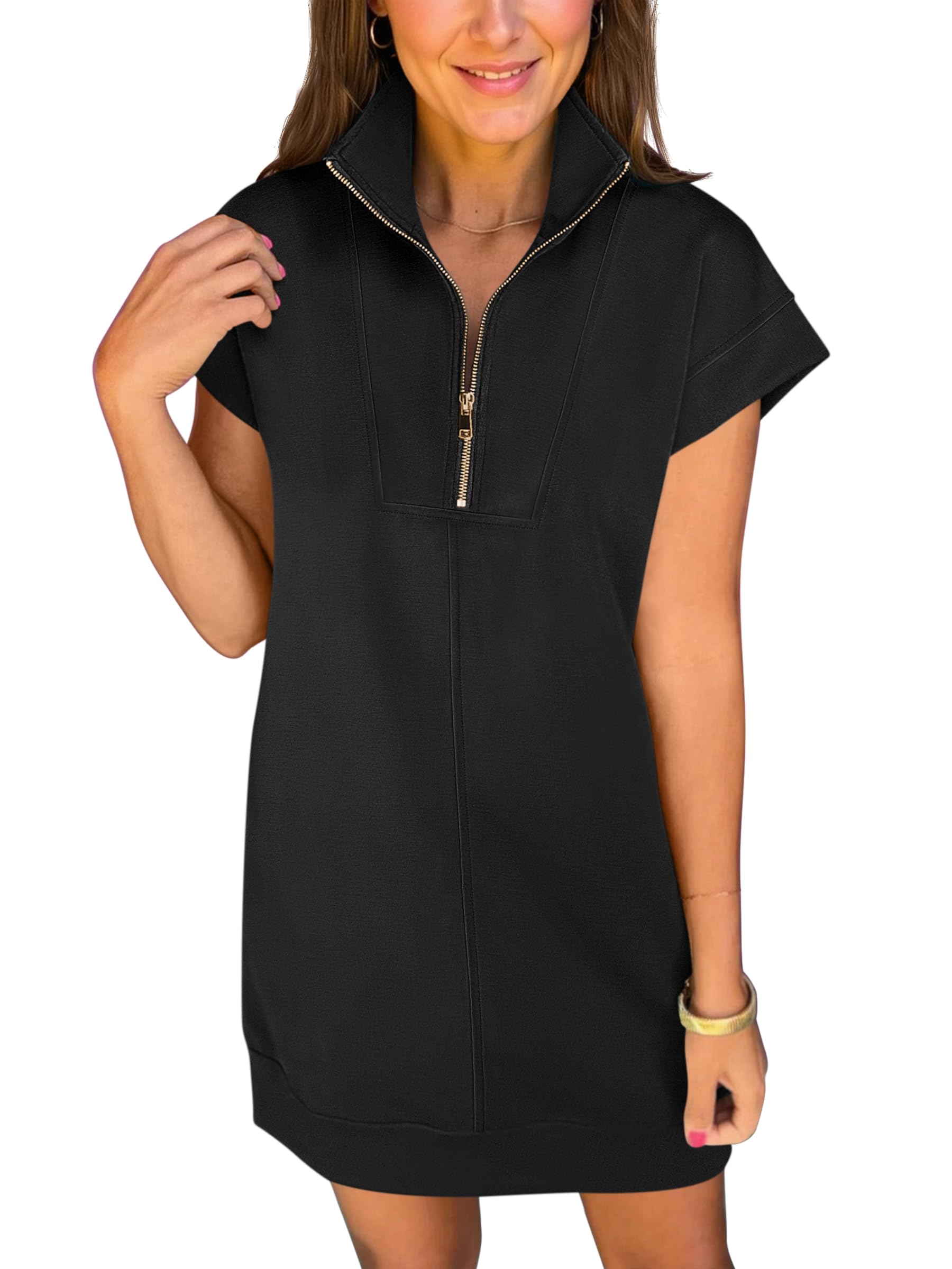 ANRABESS Half Zip Cap Sleeve Tshirt Dress